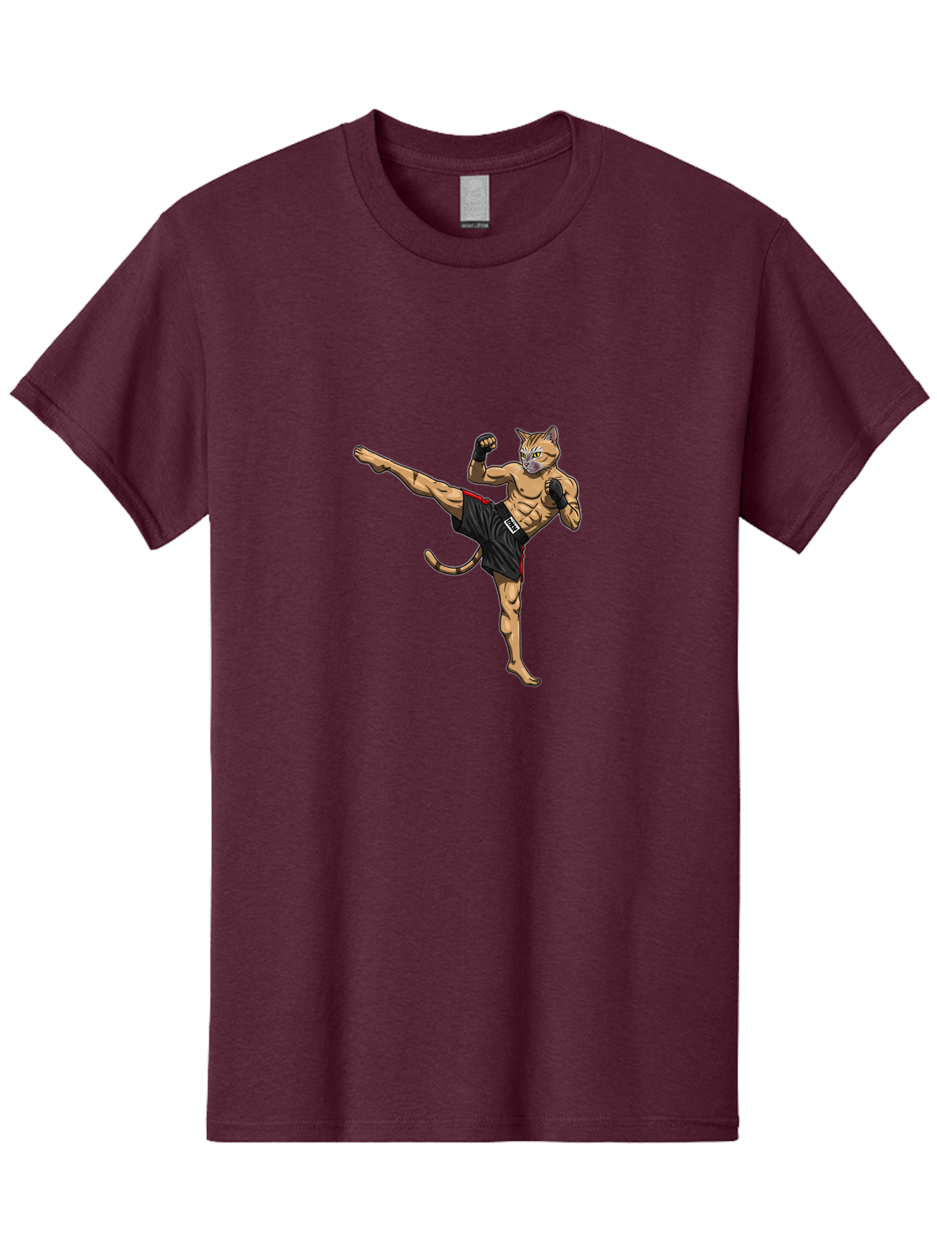 Muay-Thai-Cat-10 Men'S Graphic Tee, 100% Cotton, Comfortable Casual Summer Wear, Machine Washable, Cartoon Cat, Muay Thai Fighter, Martial Arts, Kickboxing, Fighting Stance, Muscular Physique, Boxing Gloves, Red Trim Shorts, Cartoon Character, Bae549