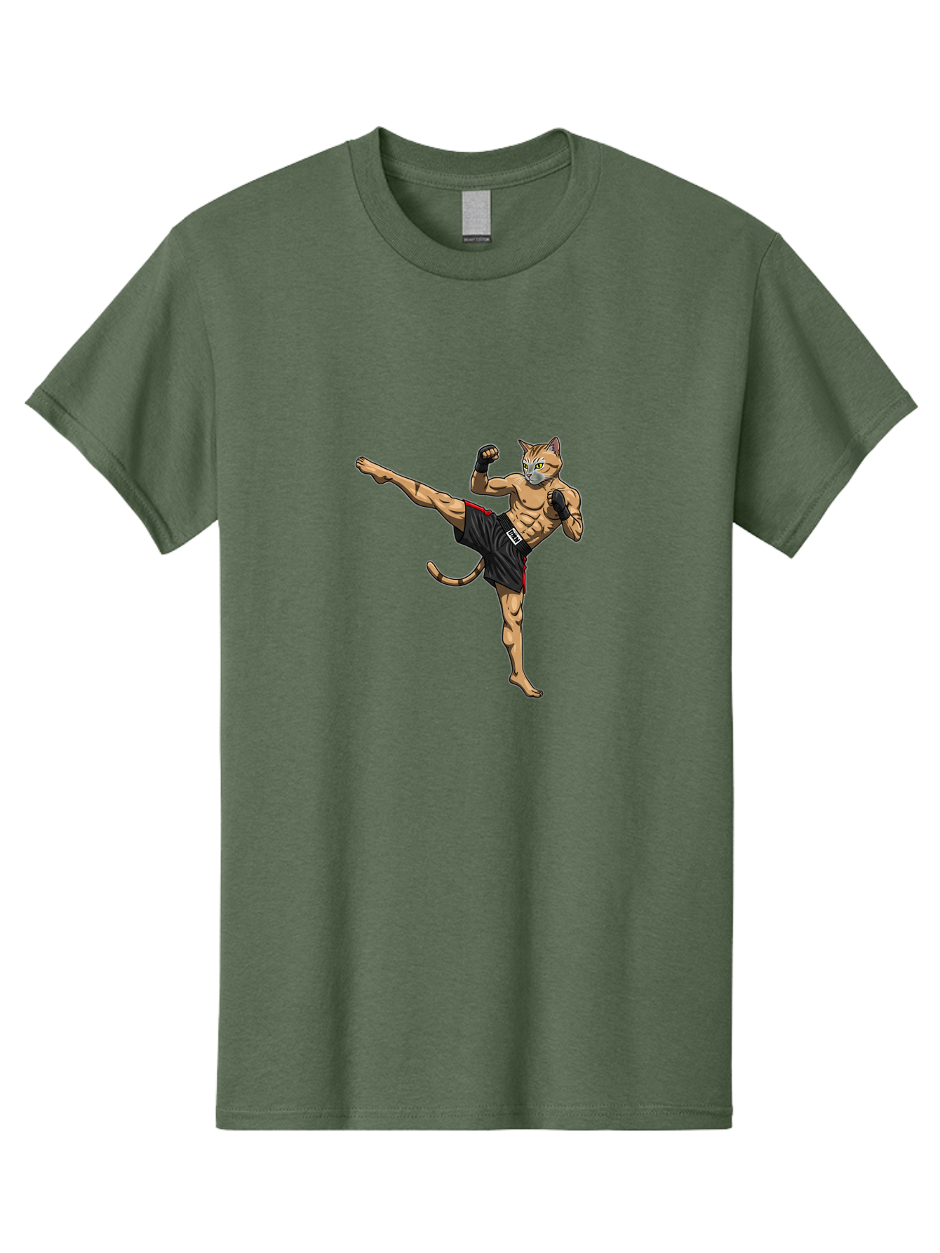 Muay-Thai-Cat-10 Men'S Graphic Tee, 100% Cotton, Comfortable Casual Summer Wear, Machine Washable, Cartoon Cat, Muay Thai Fighter, Martial Arts, Kickboxing, Fighting Stance, Muscular Physique, Boxing Gloves, Red Trim Shorts, Cartoon Character, Bae549