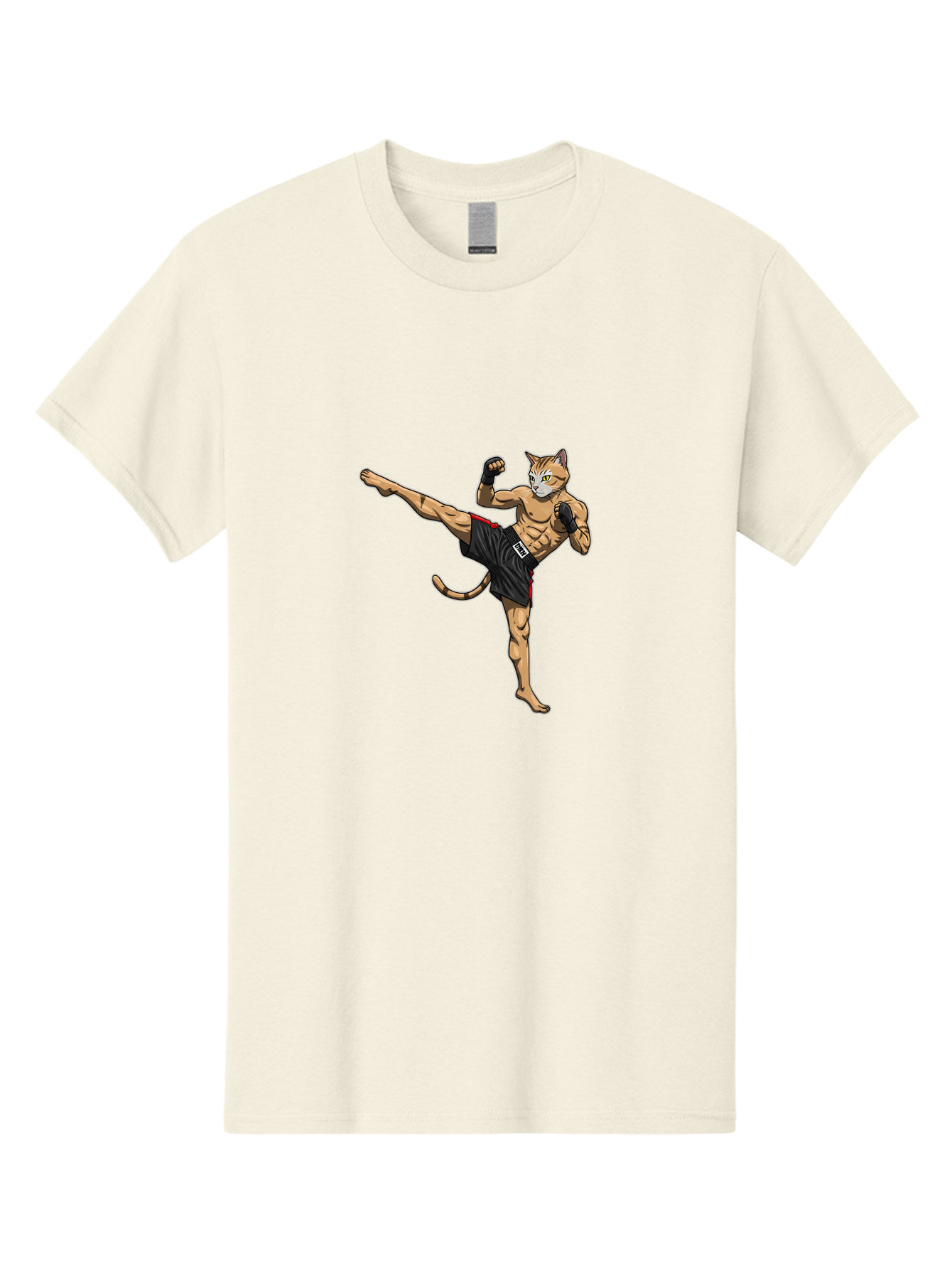 Muay-Thai-Cat-10 Men'S Graphic Tee, 100% Cotton, Comfortable Casual Summer Wear, Machine Washable, Cartoon Cat, Muay Thai Fighter, Martial Arts, Kickboxing, Fighting Stance, Muscular Physique, Boxing Gloves, Red Trim Shorts, Cartoon Character, Bae549