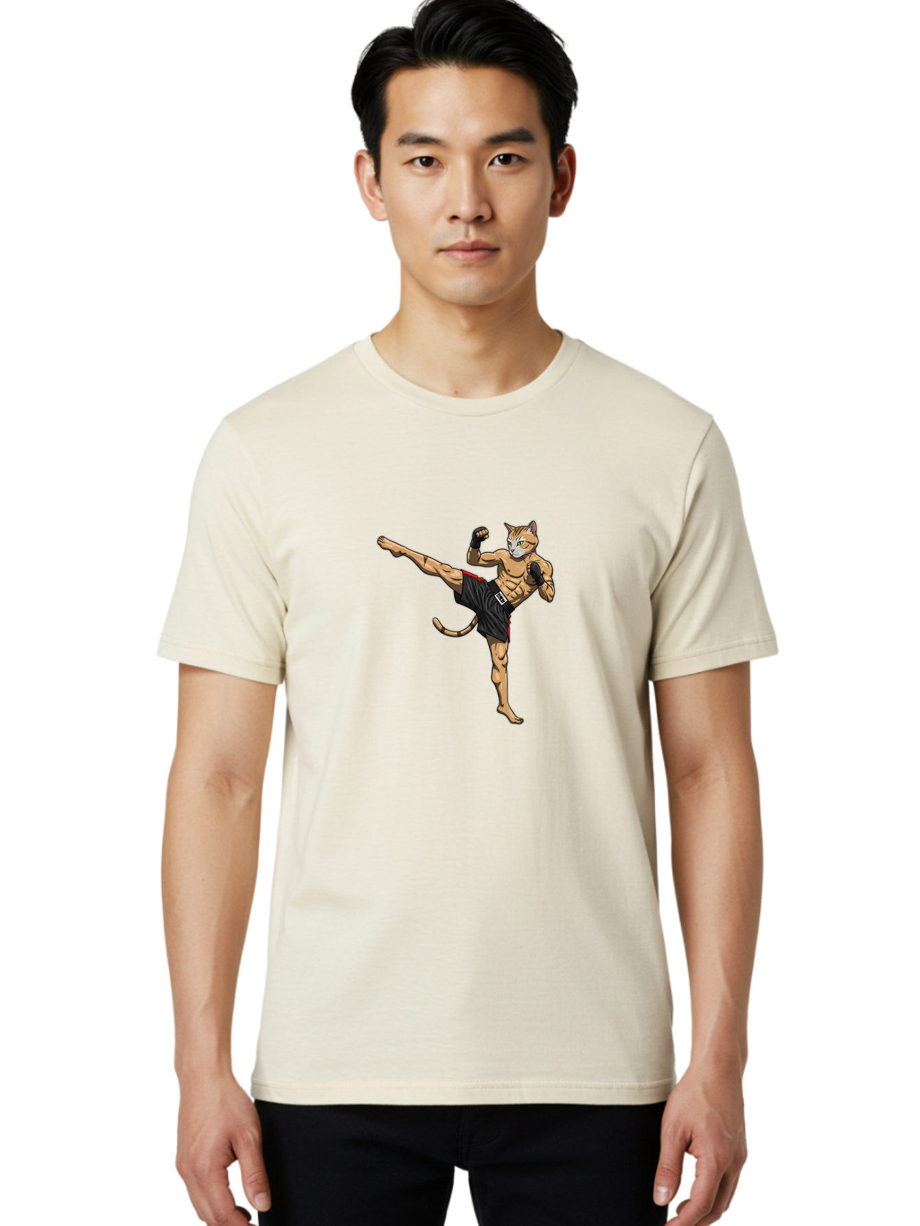 Muay-Thai-Cat-10 Men'S Graphic Tee, 100% Cotton, Comfortable Casual Summer Wear, Machine Washable, Cartoon Cat, Muay Thai Fighter, Martial Arts, Kickboxing, Fighting Stance, Muscular Physique, Boxing Gloves, Red Trim Shorts, Cartoon Character, Bae549