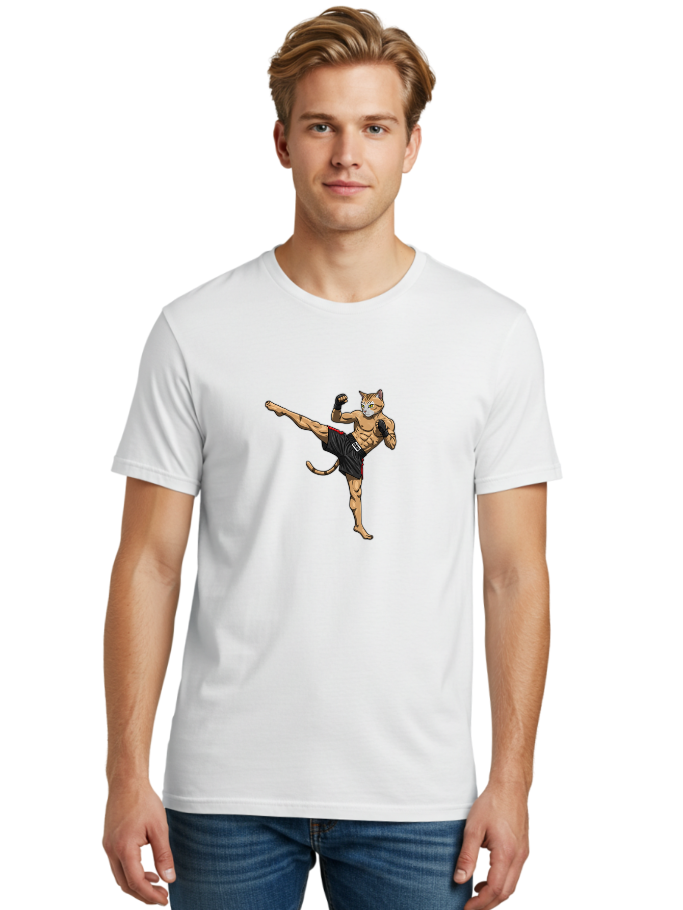 Muay-Thai-Cat-10 Men'S Graphic Tee, 100% Cotton, Comfortable Casual Summer Wear, Machine Washable, Cartoon Cat, Muay Thai Fighter, Martial Arts, Kickboxing, Fighting Stance, Muscular Physique, Boxing Gloves, Red Trim Shorts, Cartoon Character, Bae549