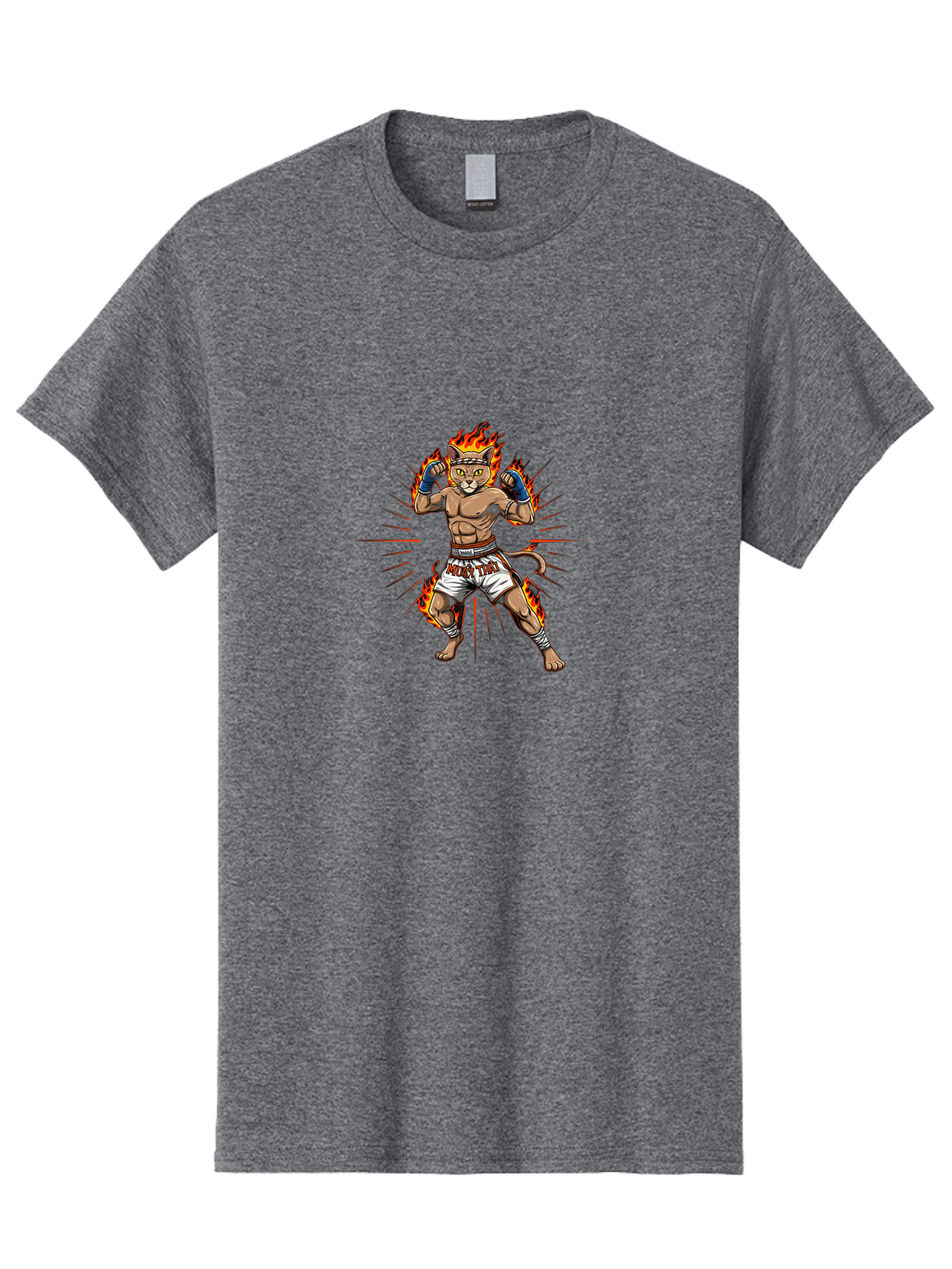 Muay-Thai-Cat-11 Men'S Graphic Tee, 100% Cotton, Comfortable Casual Summer Wear, Machine Washable, Cartoon Cat, Muay Thai Fighter, Boxing Gloves, Fighting Stance, Flames, Action Lines, Cartoon Character, Muscular Physique, Sports Illustration, Bae550