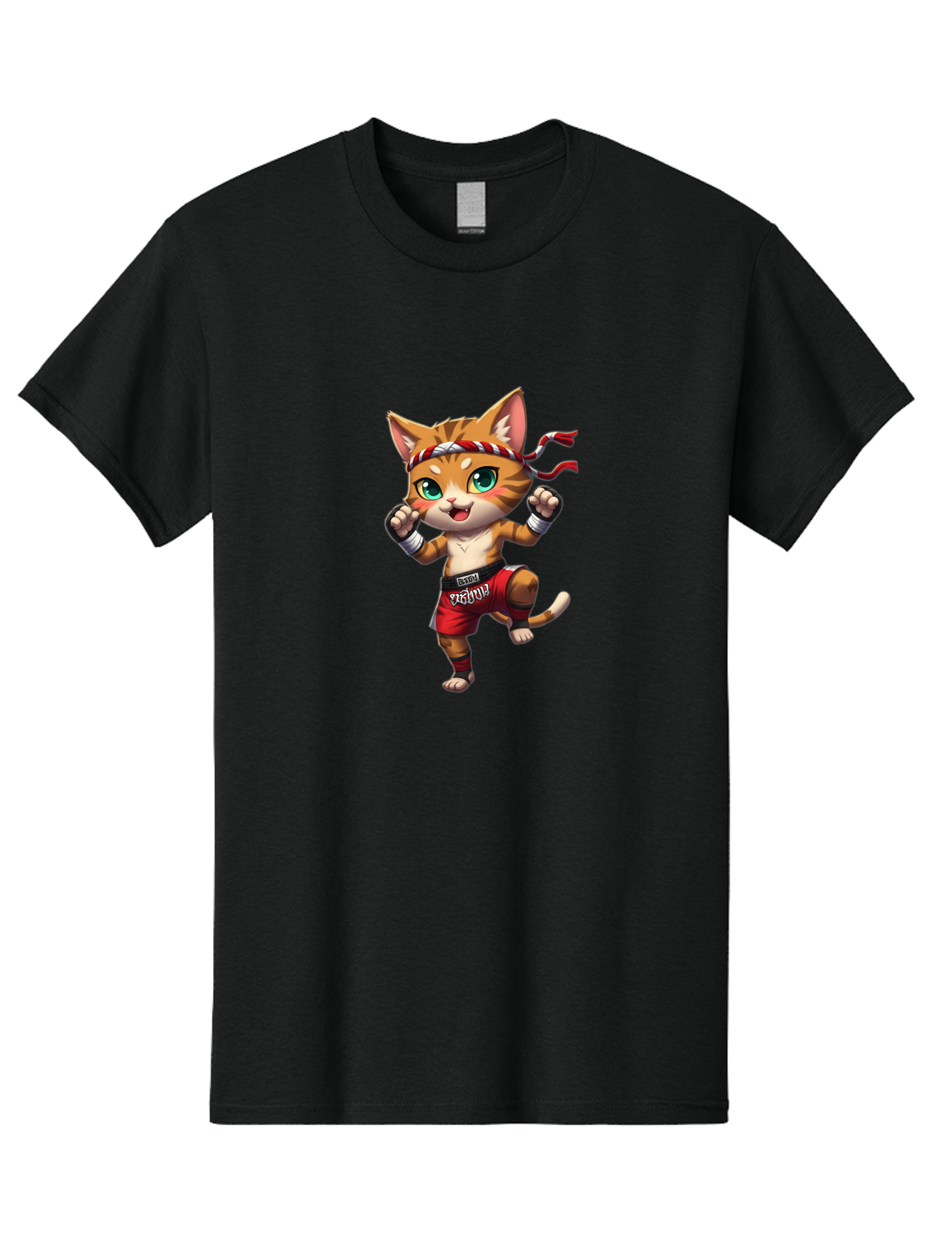 Muay-Thai-Cat-2 Men'S Graphic Tee, 100% Cotton, Comfortable Casual Summer Wear, Machine Washable, Cartoon Cat, Martial Arts, Fighting Stance, Red Shorts, Headband, White Wraps, Cartoon Character, Muay Thai, Red Power, Thai Boxing Bae551