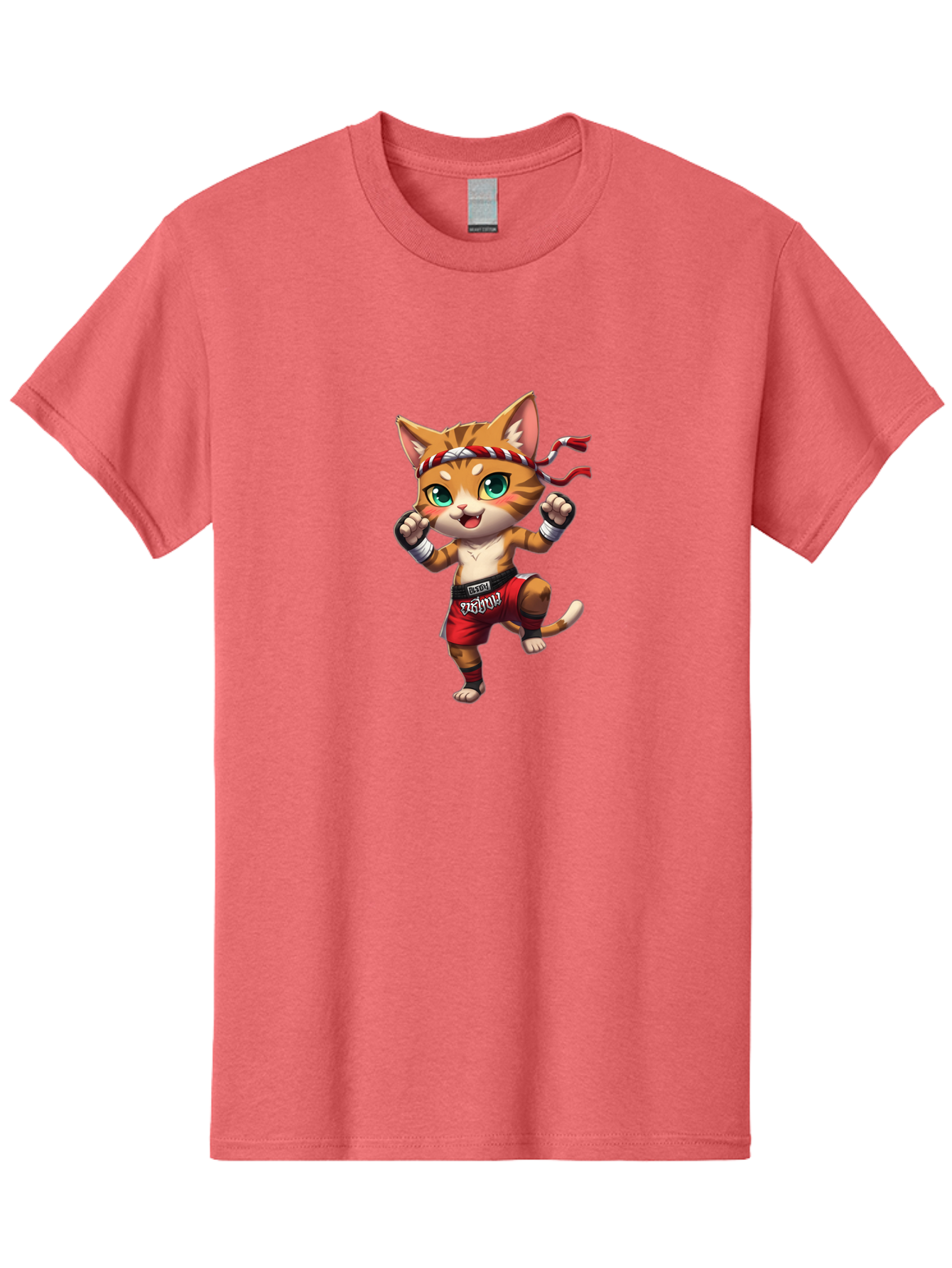 Muay-Thai-Cat-2 Men'S Graphic Tee, 100% Cotton, Comfortable Casual Summer Wear, Machine Washable, Cartoon Cat, Martial Arts, Fighting Stance, Red Shorts, Headband, White Wraps, Cartoon Character, Muay Thai, Red Power, Thai Boxing Bae551