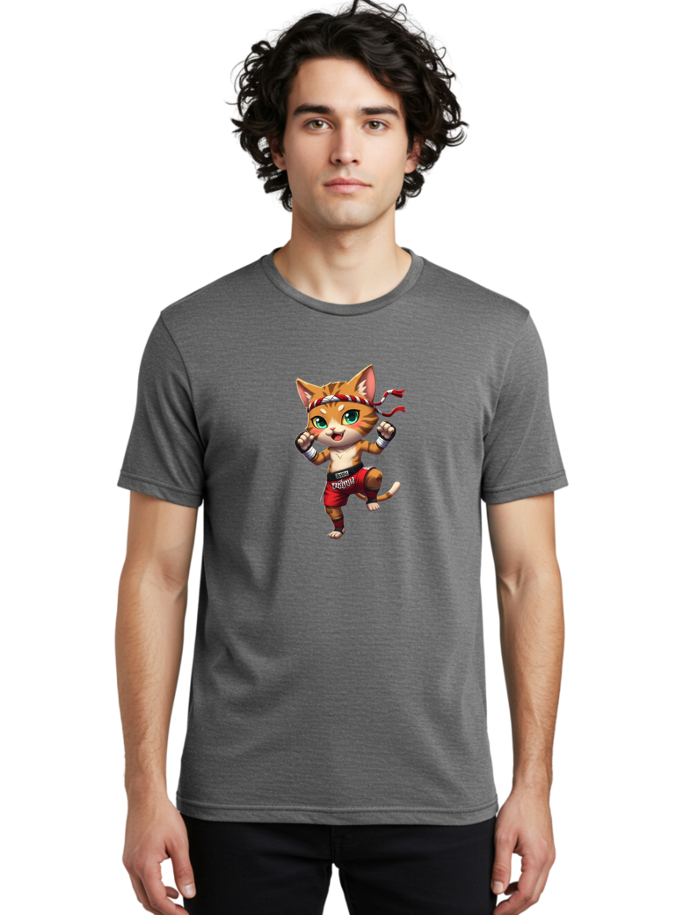 Muay-Thai-Cat-2 Men'S Graphic Tee, 100% Cotton, Comfortable Casual Summer Wear, Machine Washable, Cartoon Cat, Martial Arts, Fighting Stance, Red Shorts, Headband, White Wraps, Cartoon Character, Muay Thai, Red Power, Thai Boxing Bae551