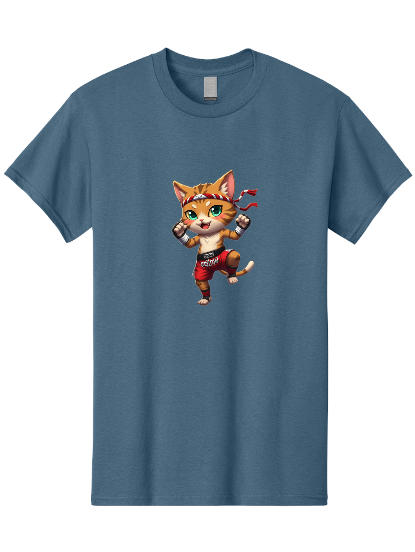 Muay-Thai-Cat-2 Men'S Graphic Tee, 100% Cotton, Comfortable Casual Summer Wear, Machine Washable, Cartoon Cat, Martial Arts, Fighting Stance, Red Shorts, Headband, White Wraps, Cartoon Character, Muay Thai, Red Power, Thai Boxing Bae551