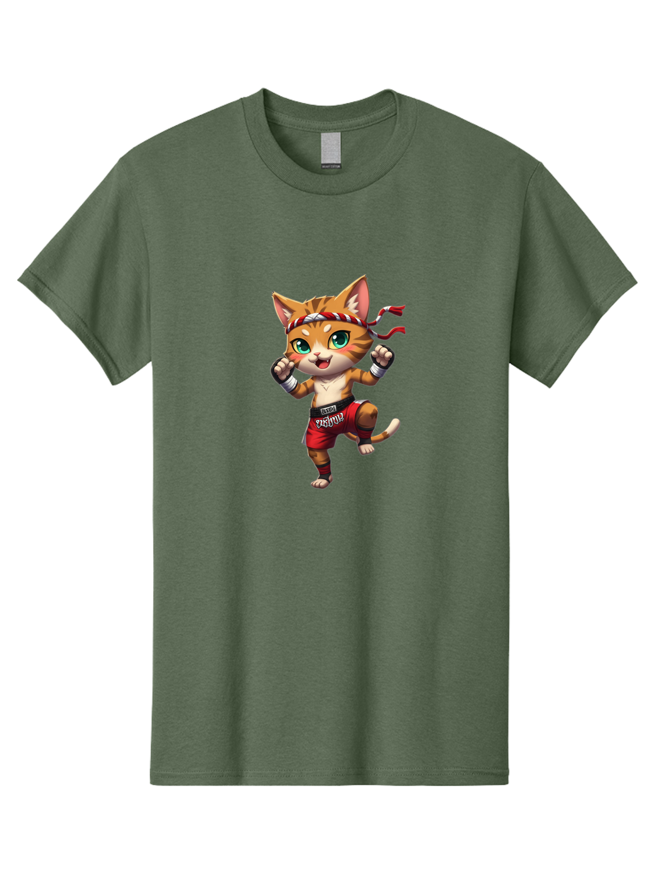 Muay-Thai-Cat-2 Men'S Graphic Tee, 100% Cotton, Comfortable Casual Summer Wear, Machine Washable, Cartoon Cat, Martial Arts, Fighting Stance, Red Shorts, Headband, White Wraps, Cartoon Character, Muay Thai, Red Power, Thai Boxing Bae551