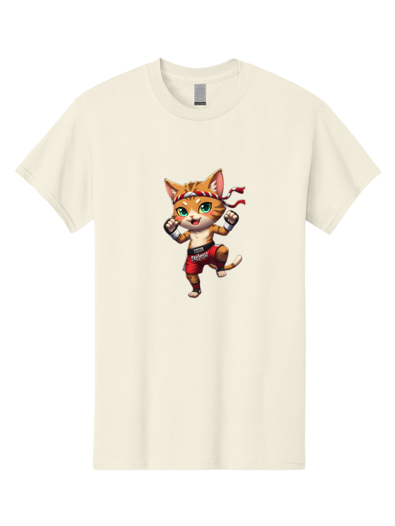 Muay-Thai-Cat-2 Men'S Graphic Tee, 100% Cotton, Comfortable Casual Summer Wear, Machine Washable, Cartoon Cat, Martial Arts, Fighting Stance, Red Shorts, Headband, White Wraps, Cartoon Character, Muay Thai, Red Power, Thai Boxing Bae551
