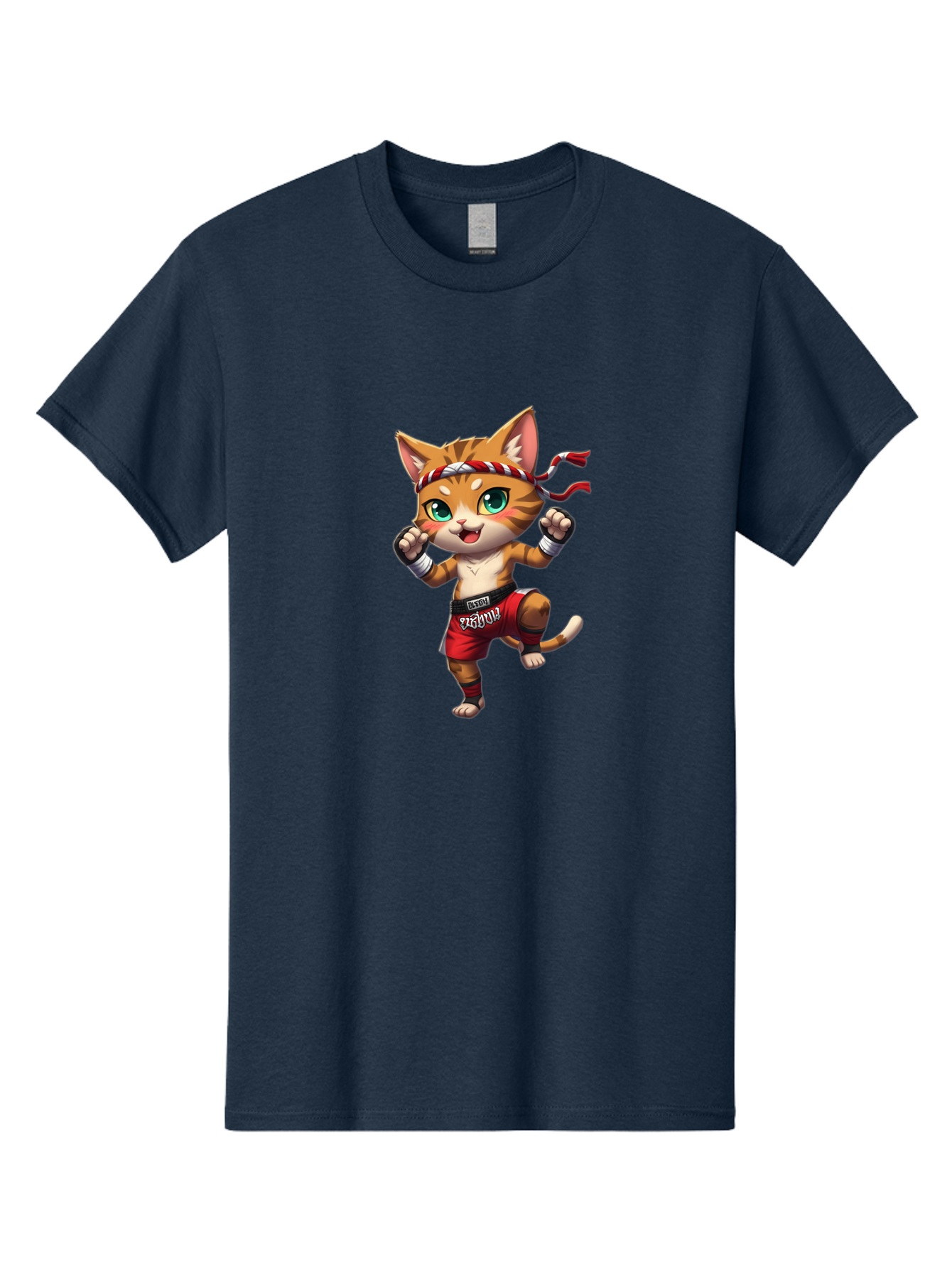 Muay-Thai-Cat-2 Men'S Graphic Tee, 100% Cotton, Comfortable Casual Summer Wear, Machine Washable, Cartoon Cat, Martial Arts, Fighting Stance, Red Shorts, Headband, White Wraps, Cartoon Character, Muay Thai, Red Power, Thai Boxing Bae551