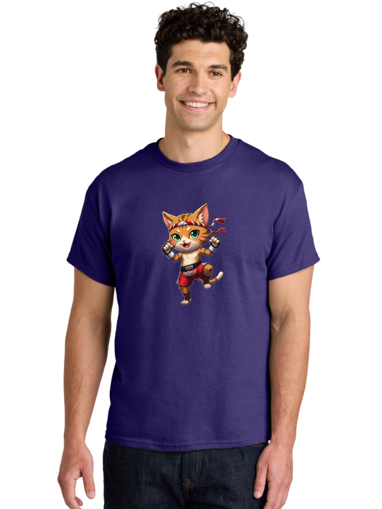 Muay-Thai-Cat-2 Men'S Graphic Tee, 100% Cotton, Comfortable Casual Summer Wear, Machine Washable, Cartoon Cat, Martial Arts, Fighting Stance, Red Shorts, Headband, White Wraps, Cartoon Character, Muay Thai, Red Power, Thai Boxing Bae551