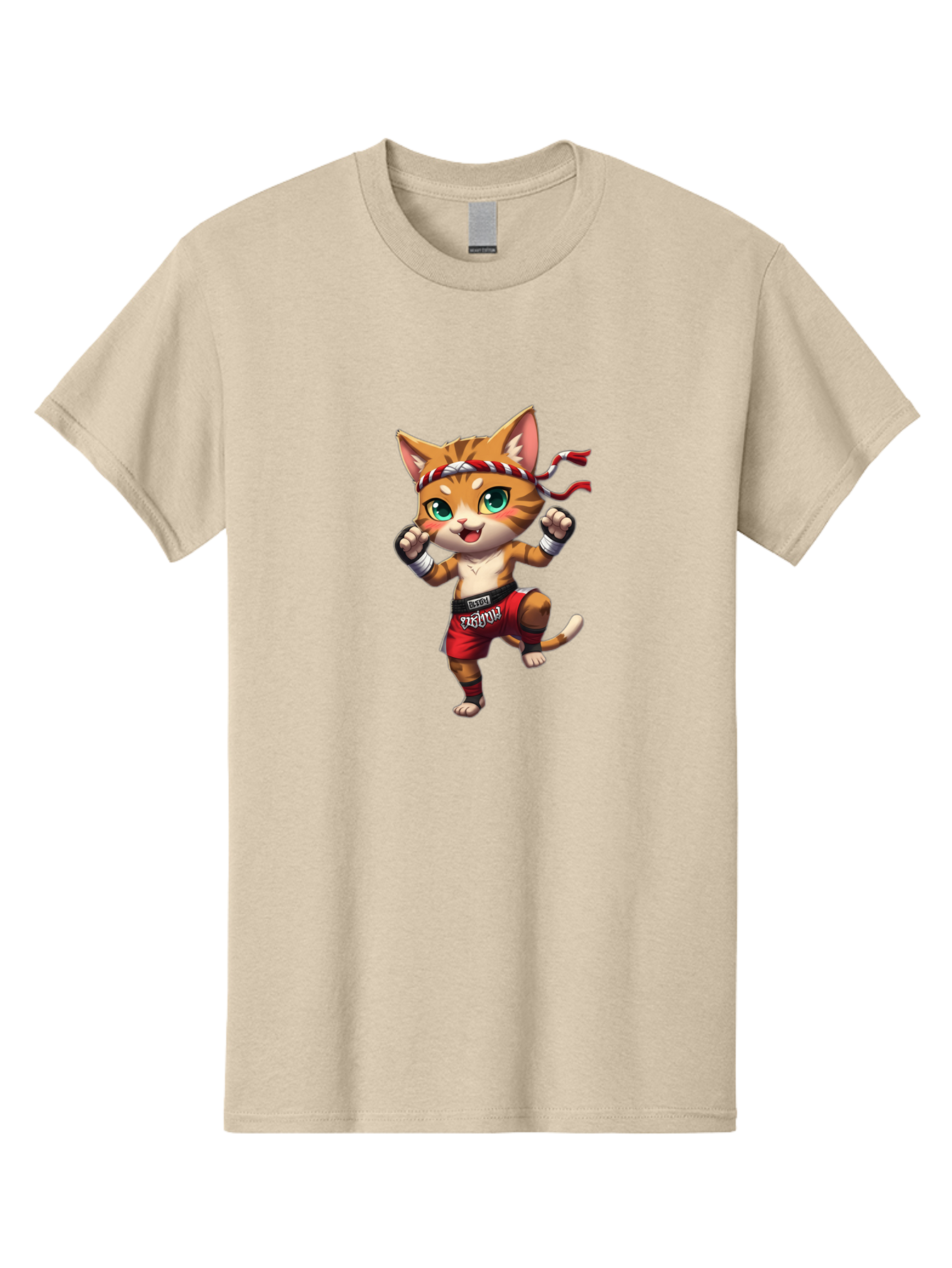 Muay-Thai-Cat-2 Men'S Graphic Tee, 100% Cotton, Comfortable Casual Summer Wear, Machine Washable, Cartoon Cat, Martial Arts, Fighting Stance, Red Shorts, Headband, White Wraps, Cartoon Character, Muay Thai, Red Power, Thai Boxing Bae551