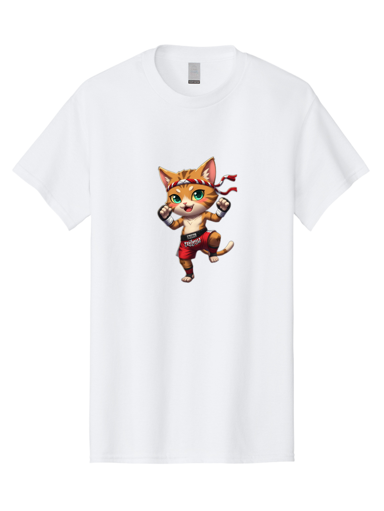 Muay-Thai-Cat-2 Men'S Graphic Tee, 100% Cotton, Comfortable Casual Summer Wear, Machine Washable, Cartoon Cat, Martial Arts, Fighting Stance, Red Shorts, Headband, White Wraps, Cartoon Character, Muay Thai, Red Power, Thai Boxing Bae551