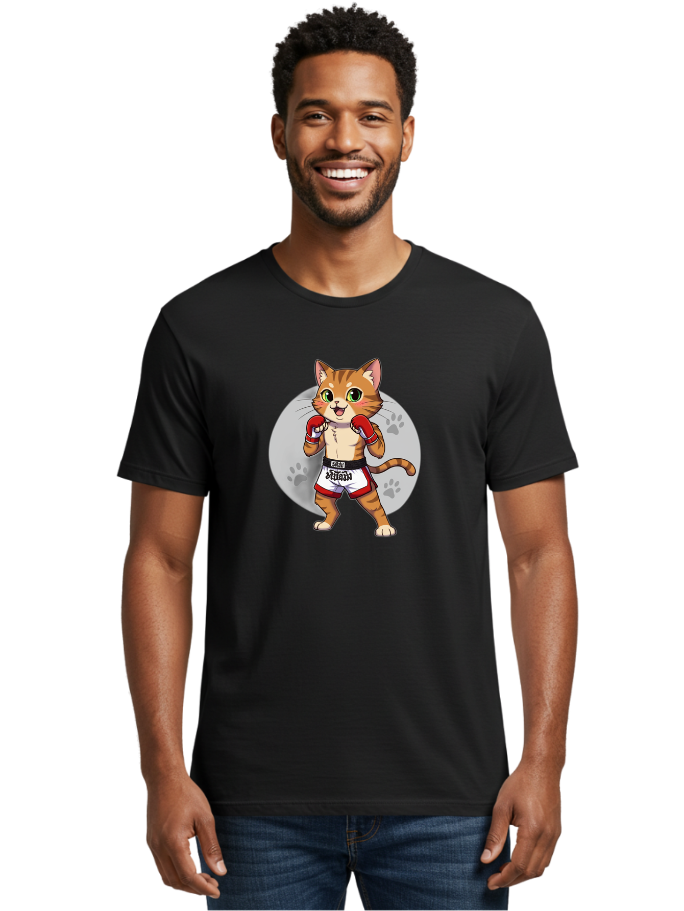 Muay-Thai-Cat-3 Men'S Graphic Tee, 100% Cotton, Comfortable Casual Summer Wear, Machine Washable, Cartoon Cat, Muay Thai Fighter, Boxing Gloves, Martial Arts, Animal Athlete, Boxing Shorts, Muay, Kitty, Fighting Cat, Boxing Cat, Muay Thai Cat Bae552