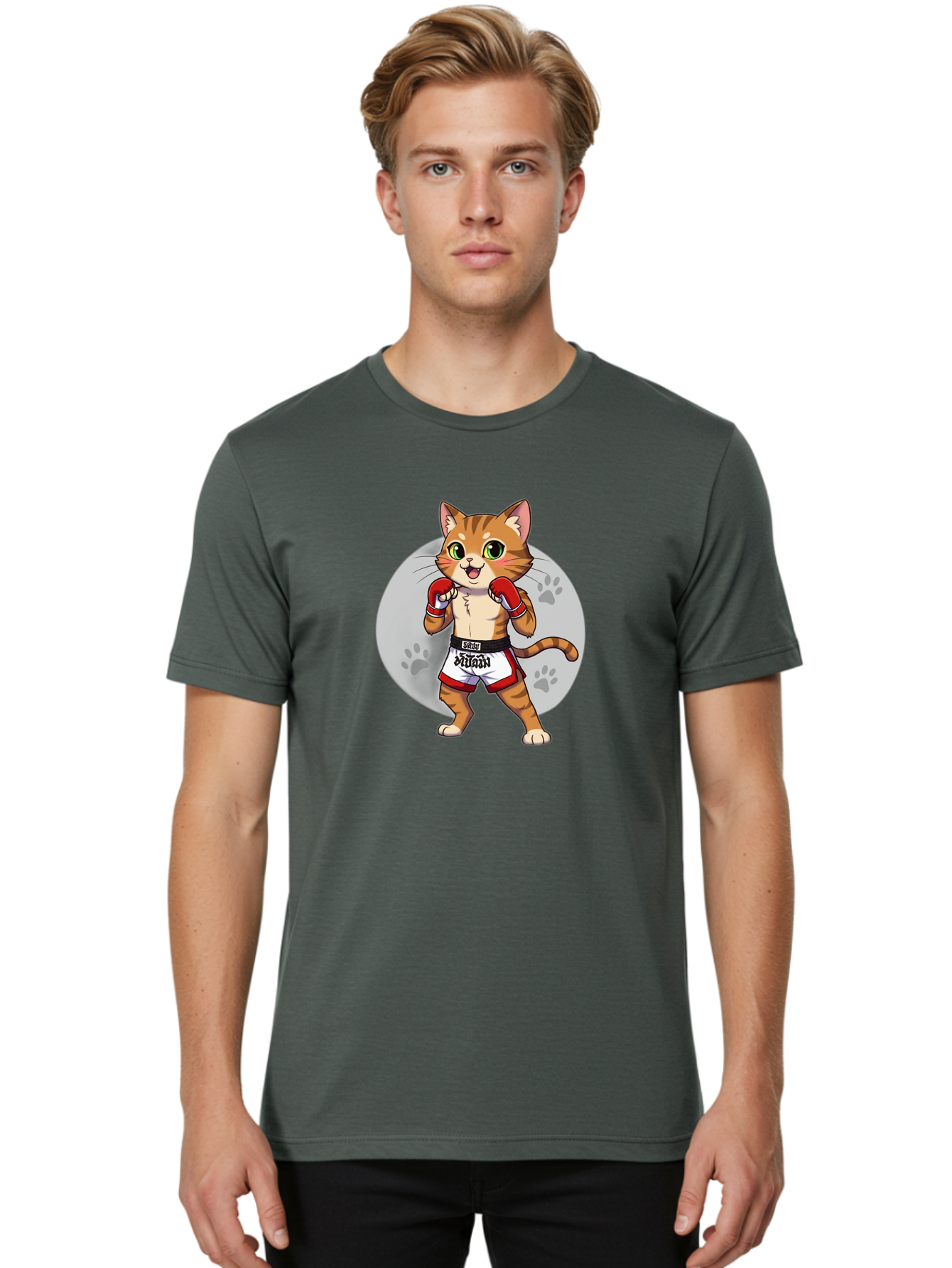Muay-Thai-Cat-3 Men'S Graphic Tee, 100% Cotton, Comfortable Casual Summer Wear, Machine Washable, Cartoon Cat, Muay Thai Fighter, Boxing Gloves, Martial Arts, Animal Athlete, Boxing Shorts, Muay, Kitty, Fighting Cat, Boxing Cat, Muay Thai Cat Bae552