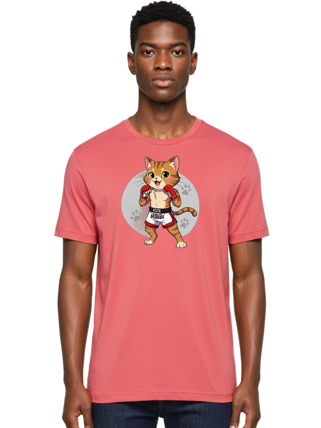 Muay-Thai-Cat-3 Men'S Graphic Tee, 100% Cotton, Comfortable Casual Summer Wear, Machine Washable, Cartoon Cat, Muay Thai Fighter, Boxing Gloves, Martial Arts, Animal Athlete, Boxing Shorts, Muay, Kitty, Fighting Cat, Boxing Cat, Muay Thai Cat Bae552