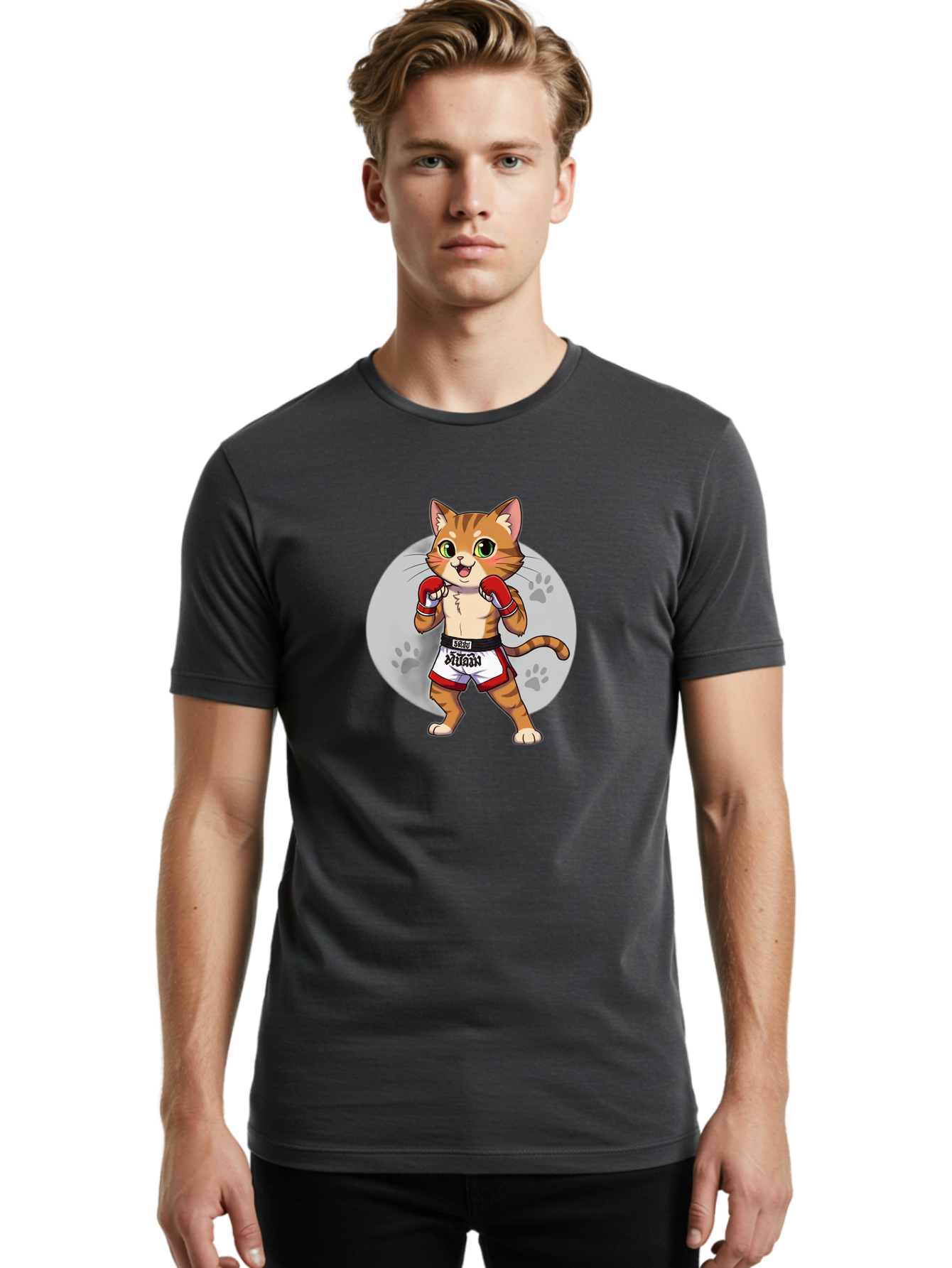 Muay-Thai-Cat-3 Men'S Graphic Tee, 100% Cotton, Comfortable Casual Summer Wear, Machine Washable, Cartoon Cat, Muay Thai Fighter, Boxing Gloves, Martial Arts, Animal Athlete, Boxing Shorts, Muay, Kitty, Fighting Cat, Boxing Cat, Muay Thai Cat Bae552