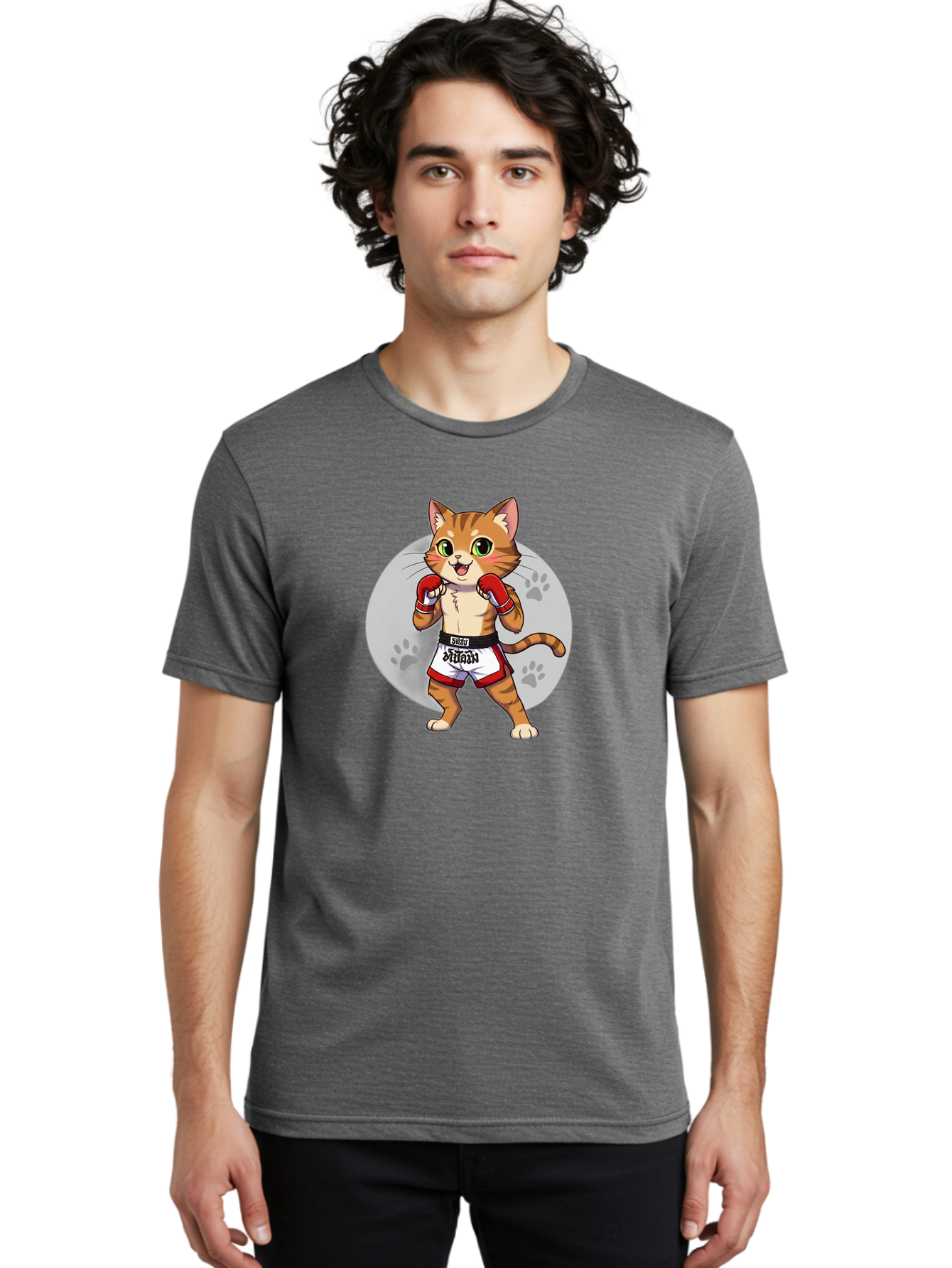 Muay-Thai-Cat-3 Men'S Graphic Tee, 100% Cotton, Comfortable Casual Summer Wear, Machine Washable, Cartoon Cat, Muay Thai Fighter, Boxing Gloves, Martial Arts, Animal Athlete, Boxing Shorts, Muay, Kitty, Fighting Cat, Boxing Cat, Muay Thai Cat Bae552