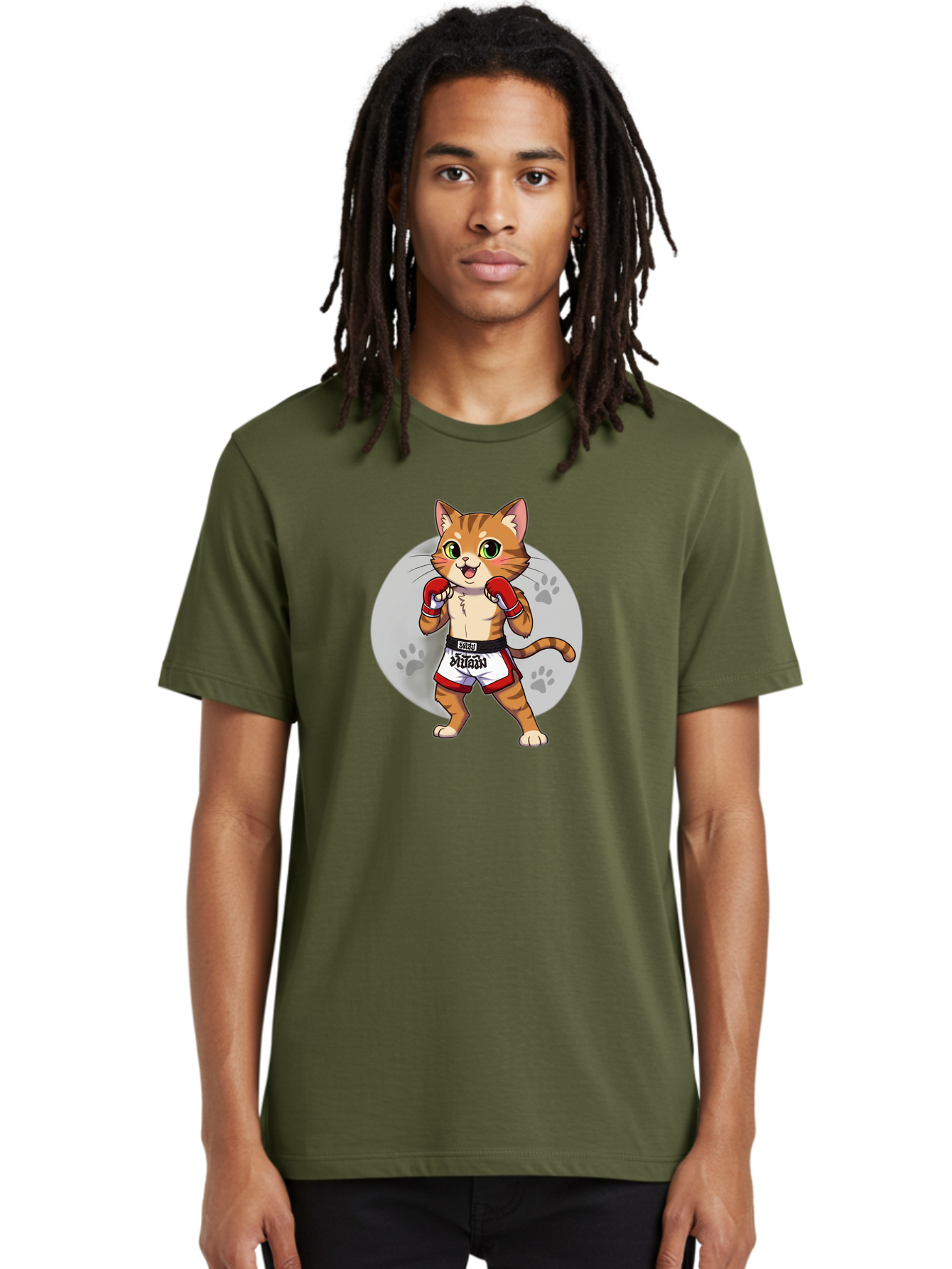 Muay-Thai-Cat-3 Men'S Graphic Tee, 100% Cotton, Comfortable Casual Summer Wear, Machine Washable, Cartoon Cat, Muay Thai Fighter, Boxing Gloves, Martial Arts, Animal Athlete, Boxing Shorts, Muay, Kitty, Fighting Cat, Boxing Cat, Muay Thai Cat Bae552