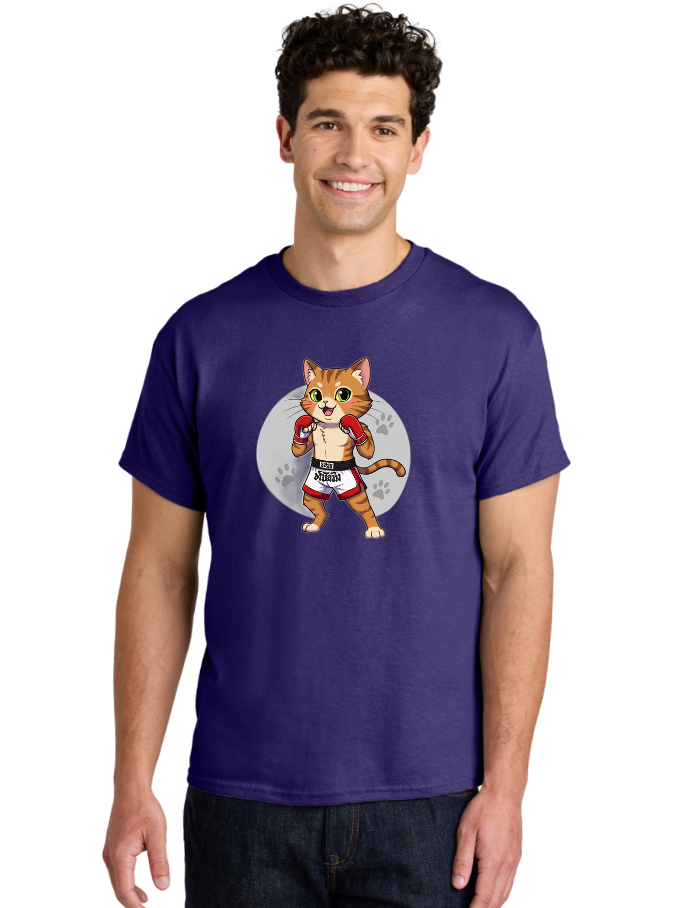 Muay-Thai-Cat-3 Men'S Graphic Tee, 100% Cotton, Comfortable Casual Summer Wear, Machine Washable, Cartoon Cat, Muay Thai Fighter, Boxing Gloves, Martial Arts, Animal Athlete, Boxing Shorts, Muay, Kitty, Fighting Cat, Boxing Cat, Muay Thai Cat Bae552