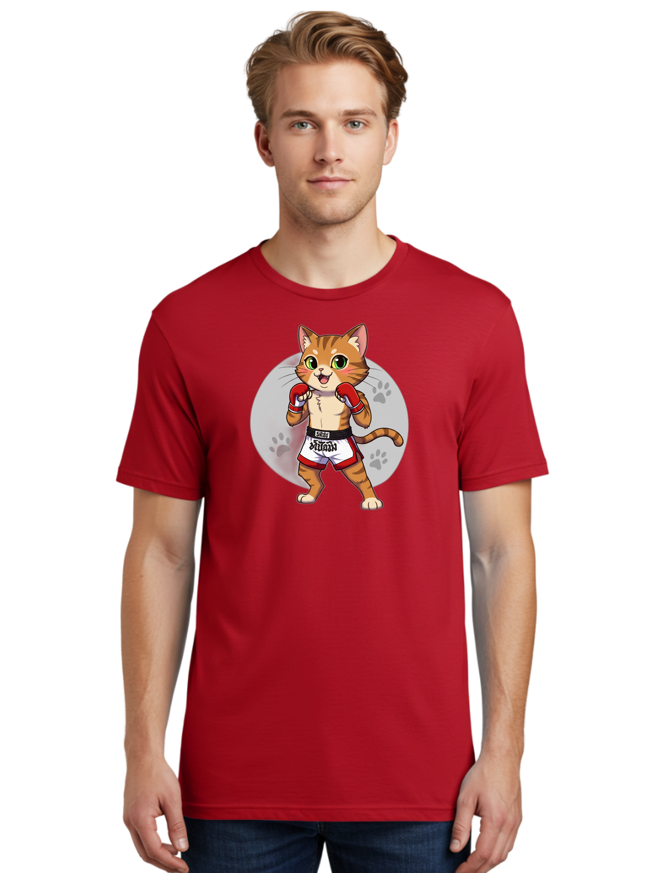 Muay-Thai-Cat-3 Men'S Graphic Tee, 100% Cotton, Comfortable Casual Summer Wear, Machine Washable, Cartoon Cat, Muay Thai Fighter, Boxing Gloves, Martial Arts, Animal Athlete, Boxing Shorts, Muay, Kitty, Fighting Cat, Boxing Cat, Muay Thai Cat Bae552