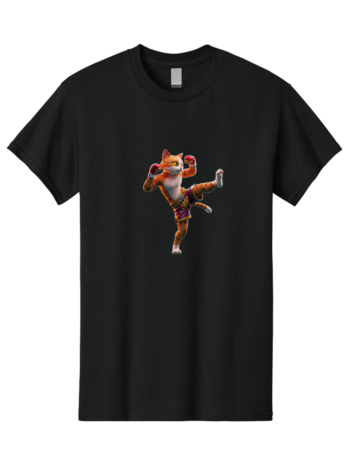 Muay-Thai-Cat-4 Men'S Graphic Tee, 100% Cotton, Comfortable Casual Summer Wear, Machine Washable, Cartoon Cat, Muay Thai Fighter, Martial Arts, Boxing Gloves, Fighting Stance, Dynamic Pose, Orange Tabby Cat, Whimsical Character, Combat Sports, Bae553