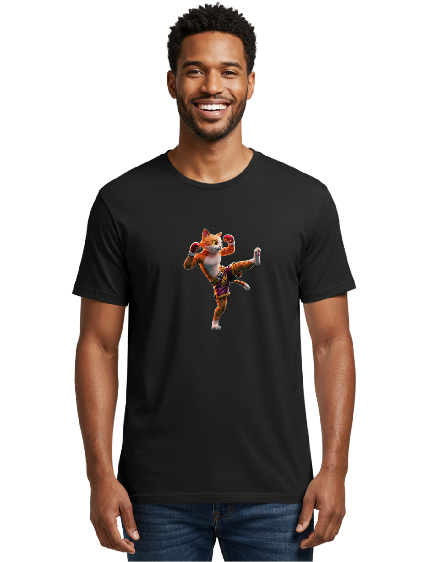 Muay-Thai-Cat-4 Men'S Graphic Tee, 100% Cotton, Comfortable Casual Summer Wear, Machine Washable, Cartoon Cat, Muay Thai Fighter, Martial Arts, Boxing Gloves, Fighting Stance, Dynamic Pose, Orange Tabby Cat, Whimsical Character, Combat Sports, Bae553