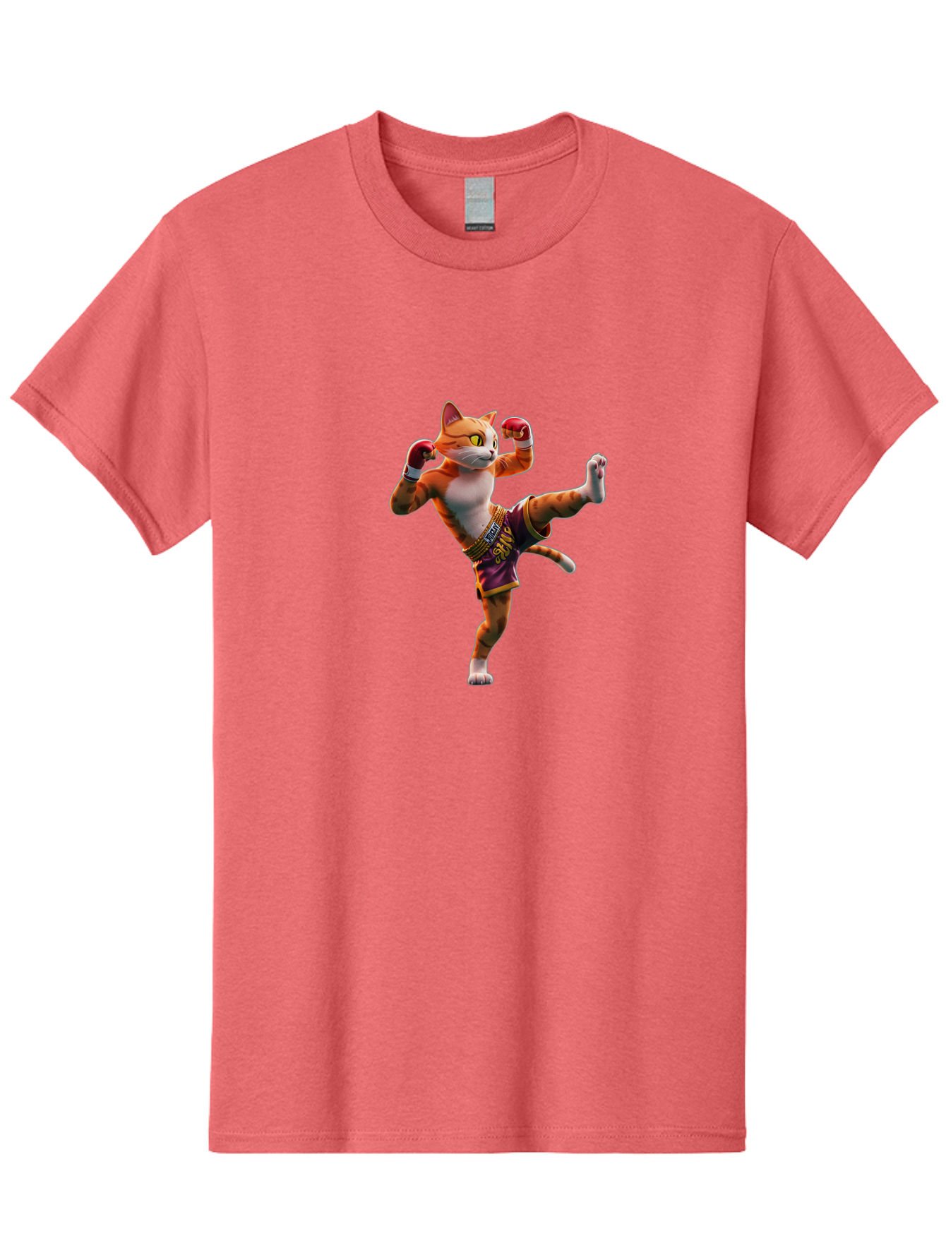 Muay-Thai-Cat-4 Men'S Graphic Tee, 100% Cotton, Comfortable Casual Summer Wear, Machine Washable, Cartoon Cat, Muay Thai Fighter, Martial Arts, Boxing Gloves, Fighting Stance, Dynamic Pose, Orange Tabby Cat, Whimsical Character, Combat Sports, Bae553