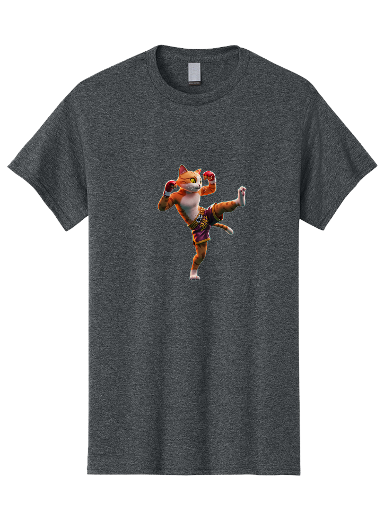 Muay-Thai-Cat-4 Men'S Graphic Tee, 100% Cotton, Comfortable Casual Summer Wear, Machine Washable, Cartoon Cat, Muay Thai Fighter, Martial Arts, Boxing Gloves, Fighting Stance, Dynamic Pose, Orange Tabby Cat, Whimsical Character, Combat Sports, Bae553
