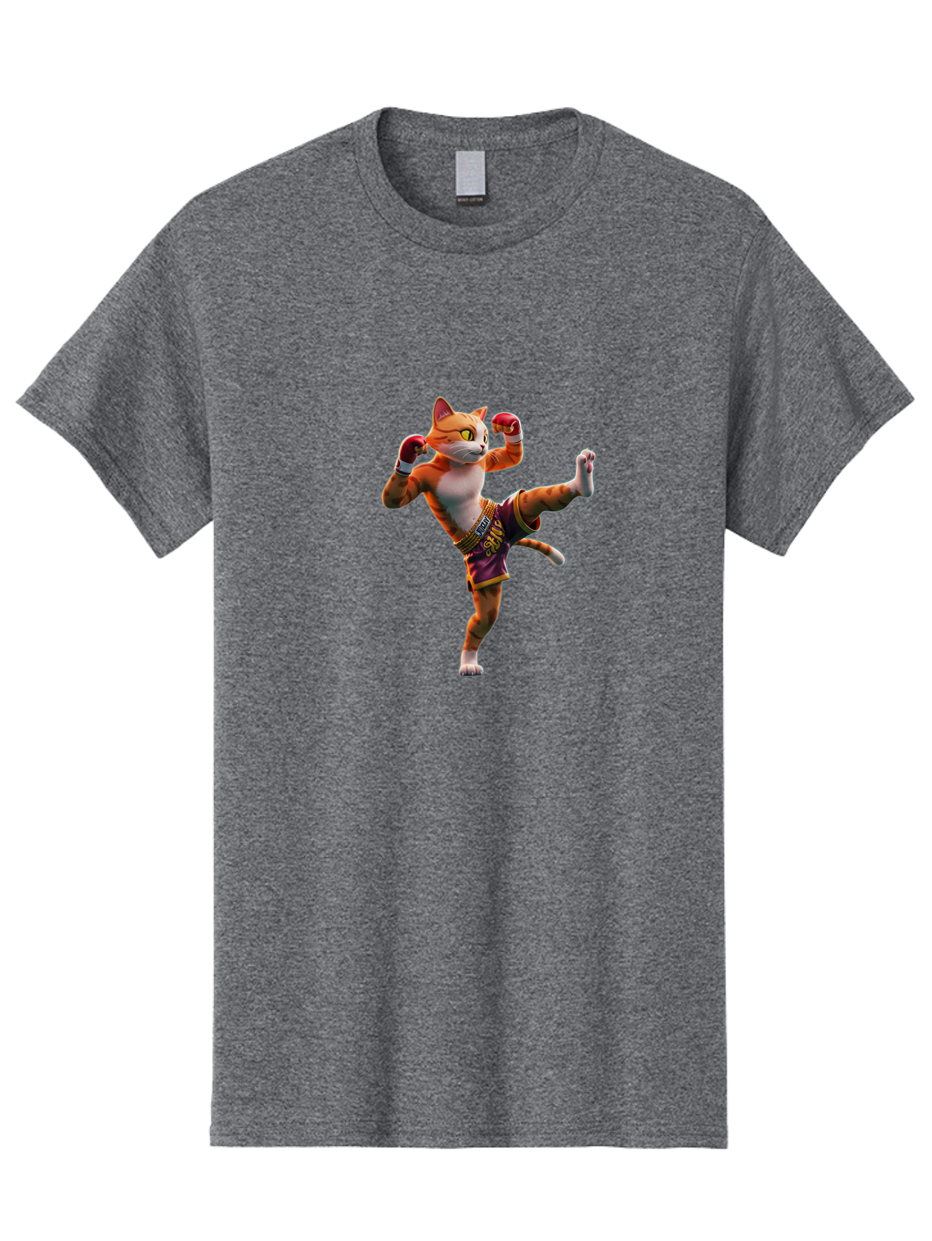 Muay-Thai-Cat-4 Men'S Graphic Tee, 100% Cotton, Comfortable Casual Summer Wear, Machine Washable, Cartoon Cat, Muay Thai Fighter, Martial Arts, Boxing Gloves, Fighting Stance, Dynamic Pose, Orange Tabby Cat, Whimsical Character, Combat Sports, Bae553