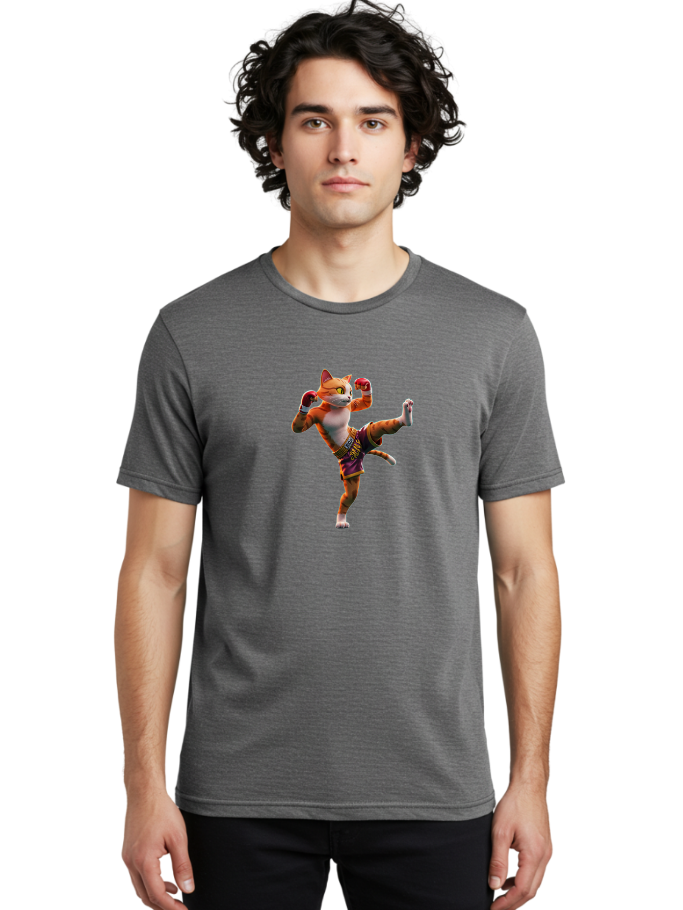 Muay-Thai-Cat-4 Men'S Graphic Tee, 100% Cotton, Comfortable Casual Summer Wear, Machine Washable, Cartoon Cat, Muay Thai Fighter, Martial Arts, Boxing Gloves, Fighting Stance, Dynamic Pose, Orange Tabby Cat, Whimsical Character, Combat Sports, Bae553