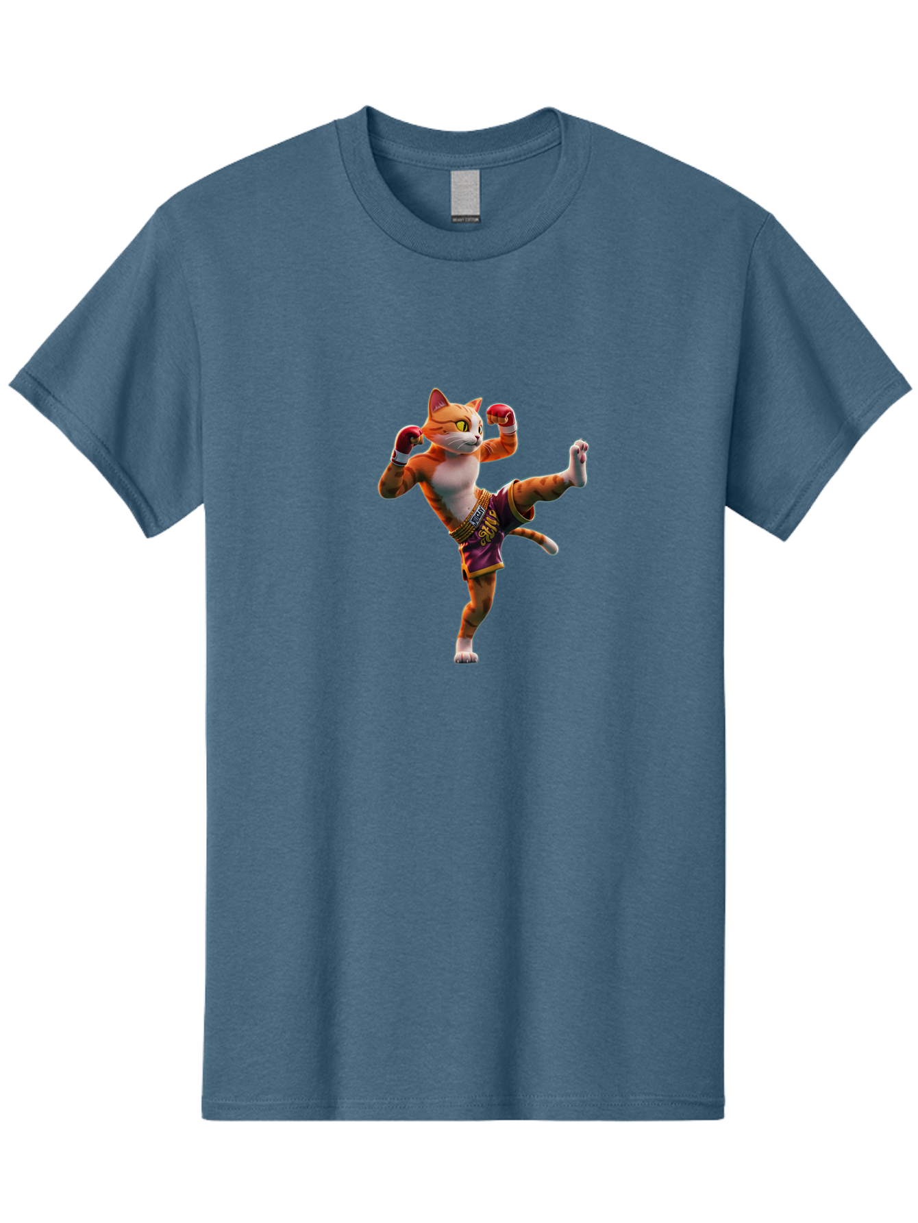 Muay-Thai-Cat-4 Men'S Graphic Tee, 100% Cotton, Comfortable Casual Summer Wear, Machine Washable, Cartoon Cat, Muay Thai Fighter, Martial Arts, Boxing Gloves, Fighting Stance, Dynamic Pose, Orange Tabby Cat, Whimsical Character, Combat Sports, Bae553