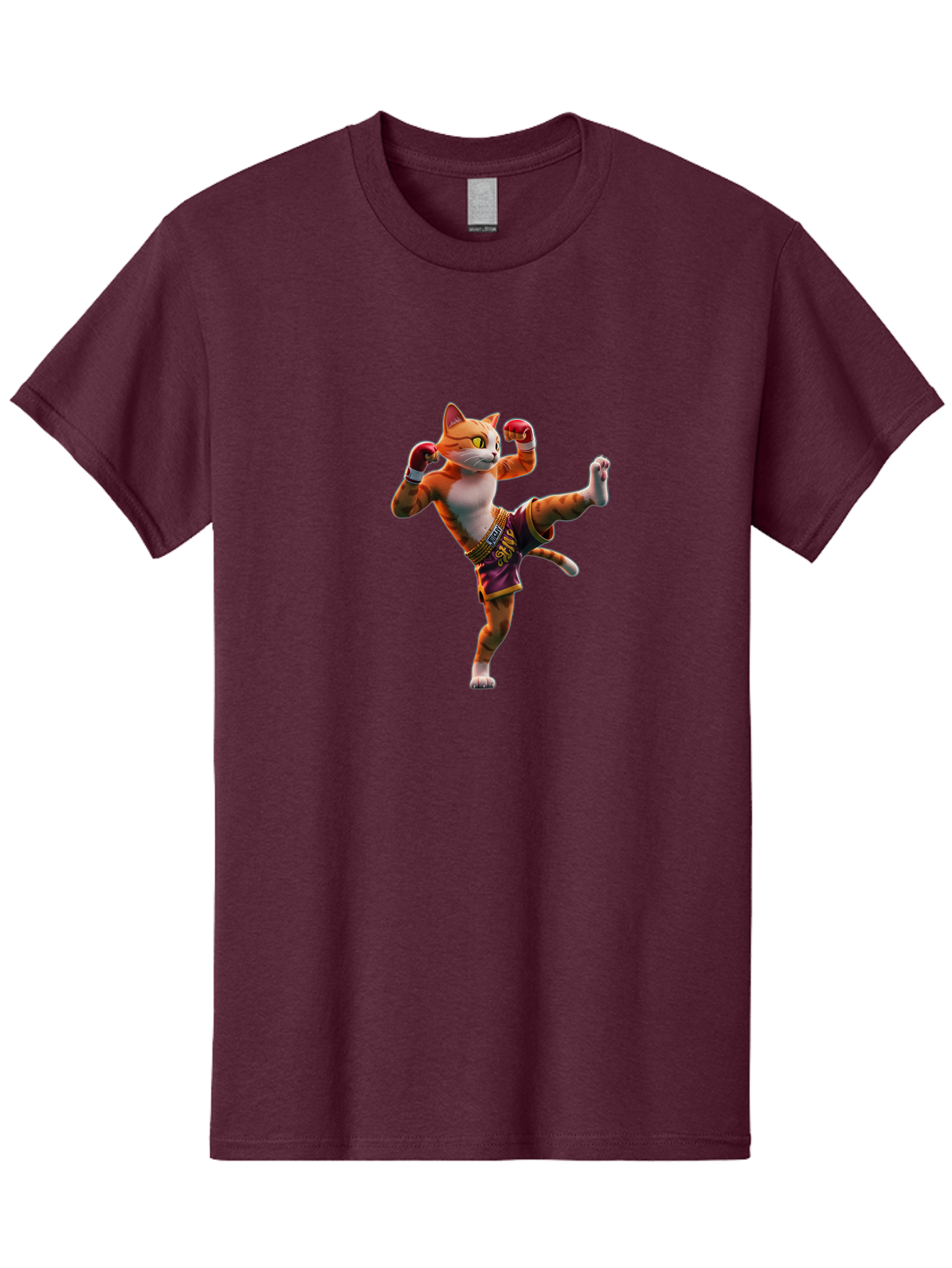 Muay-Thai-Cat-4 Men'S Graphic Tee, 100% Cotton, Comfortable Casual Summer Wear, Machine Washable, Cartoon Cat, Muay Thai Fighter, Martial Arts, Boxing Gloves, Fighting Stance, Dynamic Pose, Orange Tabby Cat, Whimsical Character, Combat Sports, Bae553