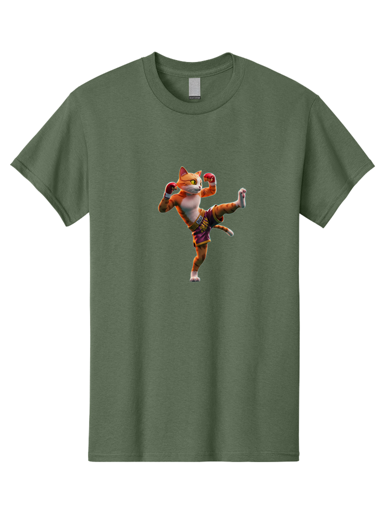 Muay-Thai-Cat-4 Men'S Graphic Tee, 100% Cotton, Comfortable Casual Summer Wear, Machine Washable, Cartoon Cat, Muay Thai Fighter, Martial Arts, Boxing Gloves, Fighting Stance, Dynamic Pose, Orange Tabby Cat, Whimsical Character, Combat Sports, Bae553