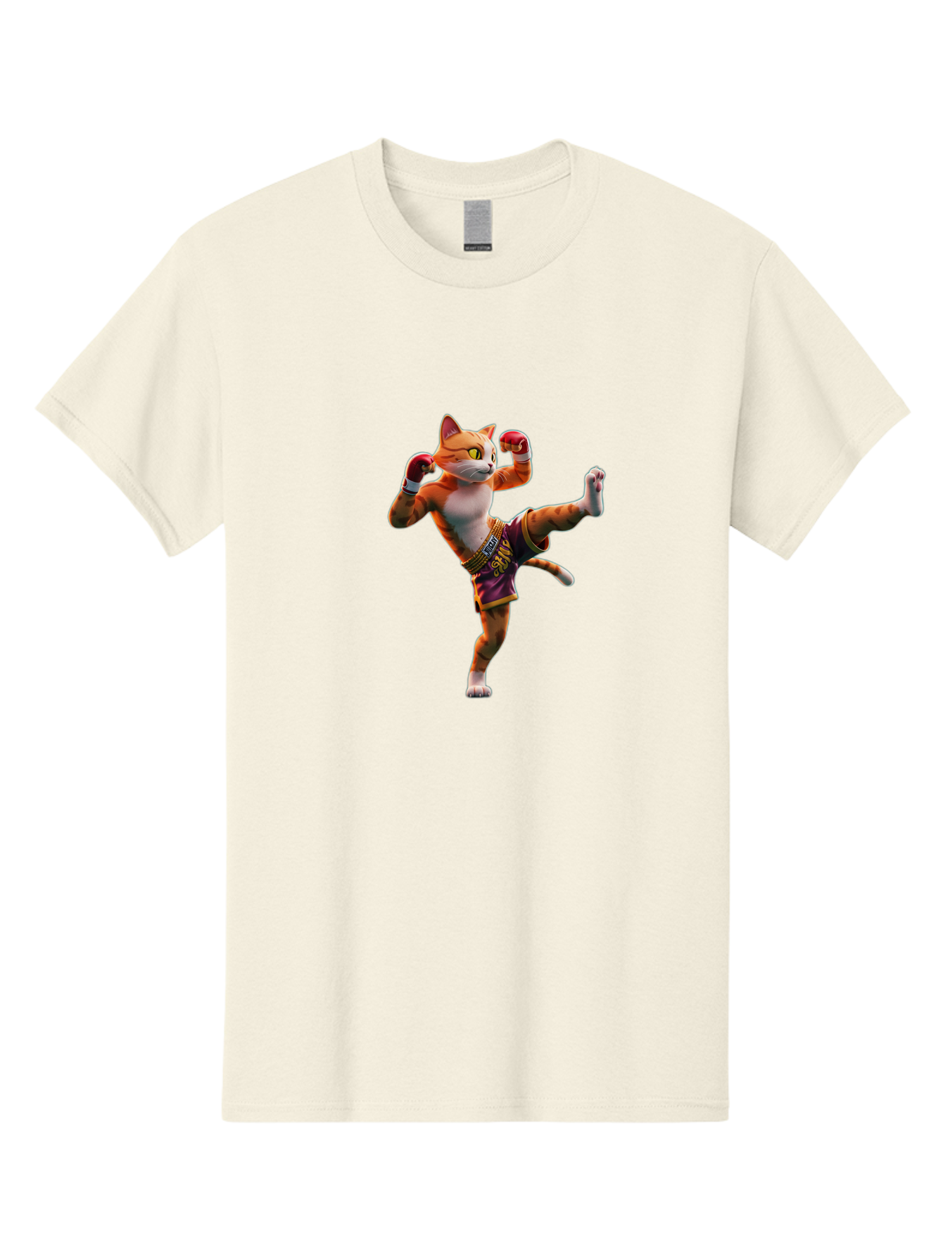 Muay-Thai-Cat-4 Men'S Graphic Tee, 100% Cotton, Comfortable Casual Summer Wear, Machine Washable, Cartoon Cat, Muay Thai Fighter, Martial Arts, Boxing Gloves, Fighting Stance, Dynamic Pose, Orange Tabby Cat, Whimsical Character, Combat Sports, Bae553