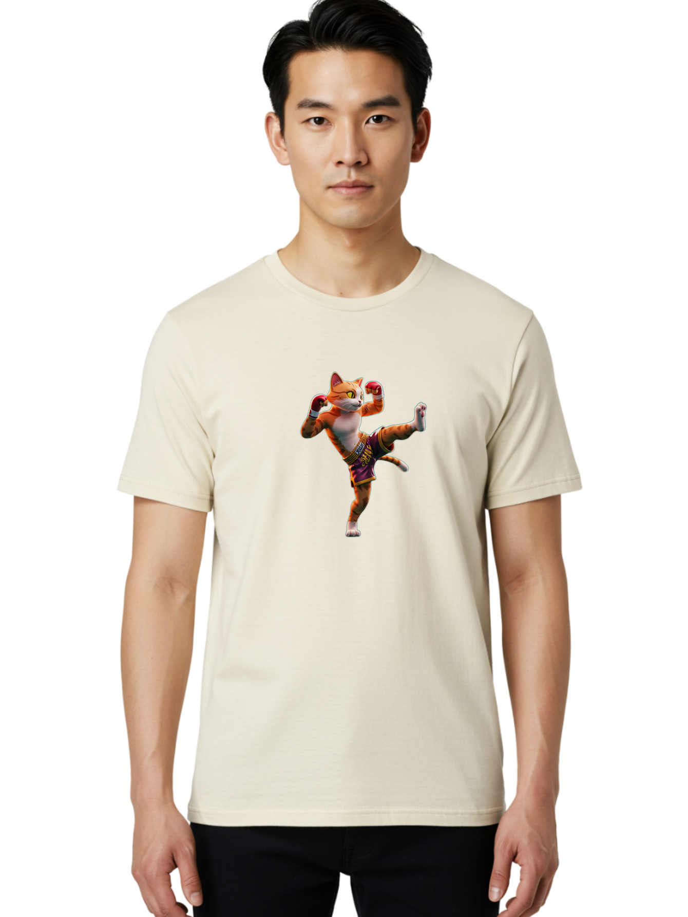 Muay-Thai-Cat-4 Men'S Graphic Tee, 100% Cotton, Comfortable Casual Summer Wear, Machine Washable, Cartoon Cat, Muay Thai Fighter, Martial Arts, Boxing Gloves, Fighting Stance, Dynamic Pose, Orange Tabby Cat, Whimsical Character, Combat Sports, Bae553