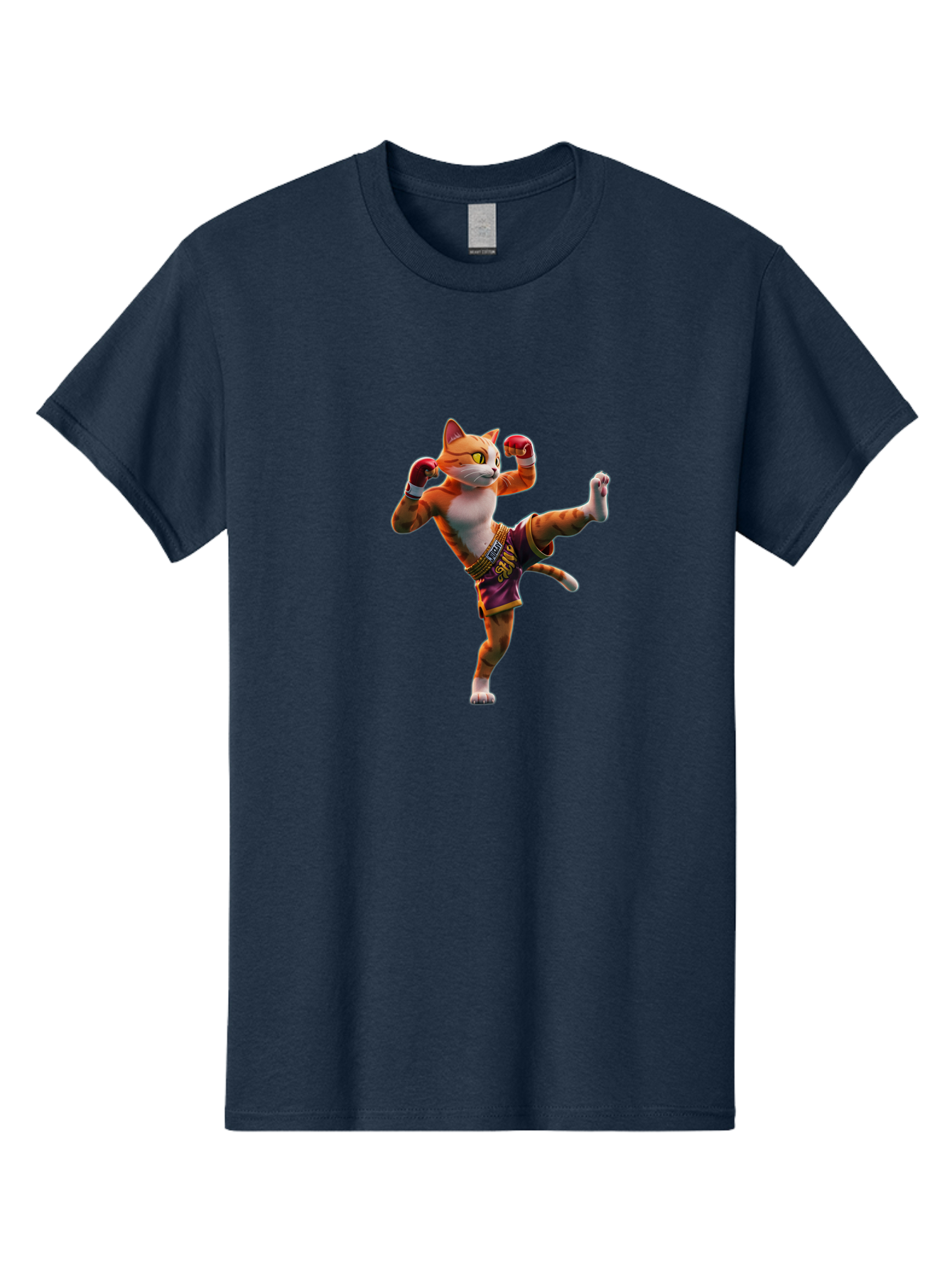 Muay-Thai-Cat-4 Men'S Graphic Tee, 100% Cotton, Comfortable Casual Summer Wear, Machine Washable, Cartoon Cat, Muay Thai Fighter, Martial Arts, Boxing Gloves, Fighting Stance, Dynamic Pose, Orange Tabby Cat, Whimsical Character, Combat Sports, Bae553
