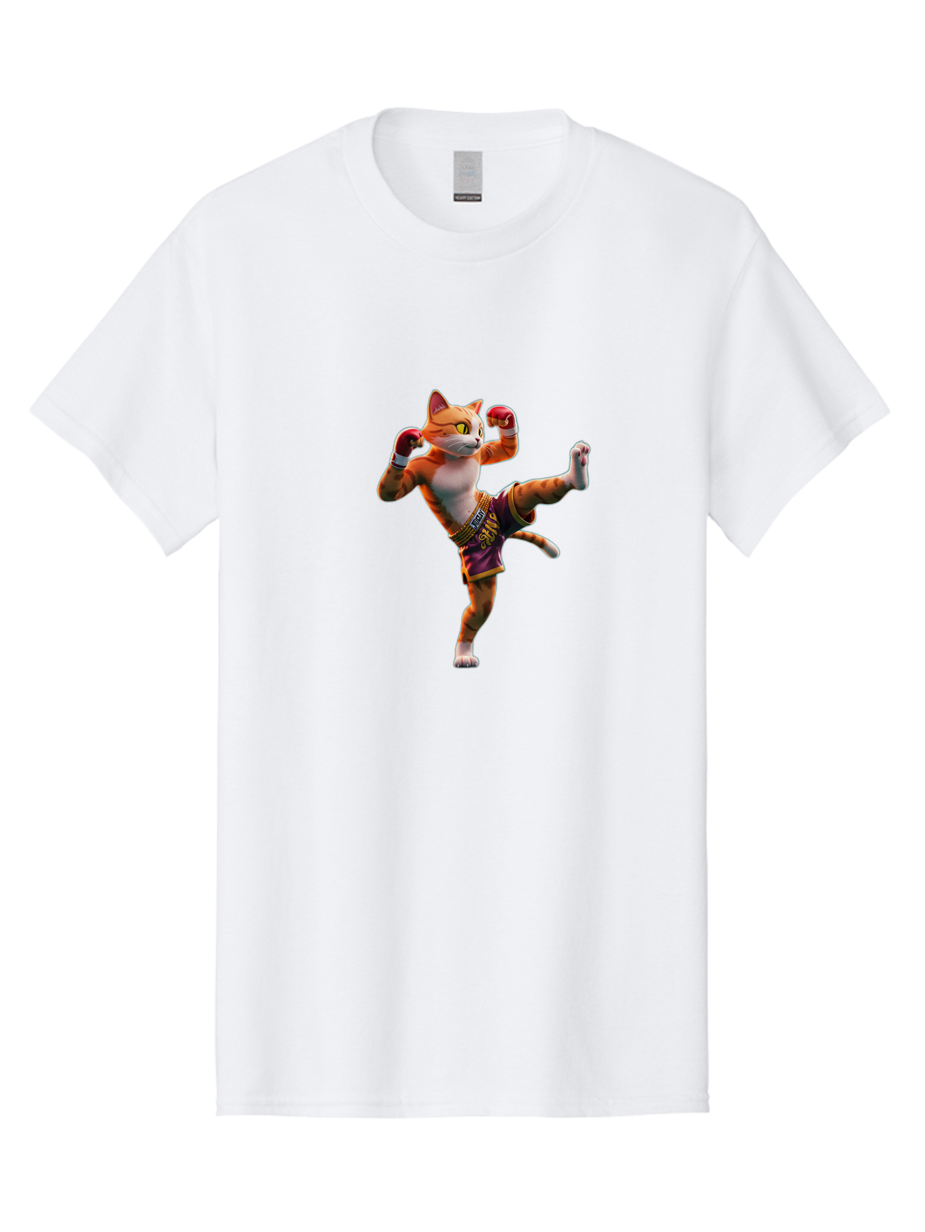 Muay-Thai-Cat-4 Men'S Graphic Tee, 100% Cotton, Comfortable Casual Summer Wear, Machine Washable, Cartoon Cat, Muay Thai Fighter, Martial Arts, Boxing Gloves, Fighting Stance, Dynamic Pose, Orange Tabby Cat, Whimsical Character, Combat Sports, Bae553
