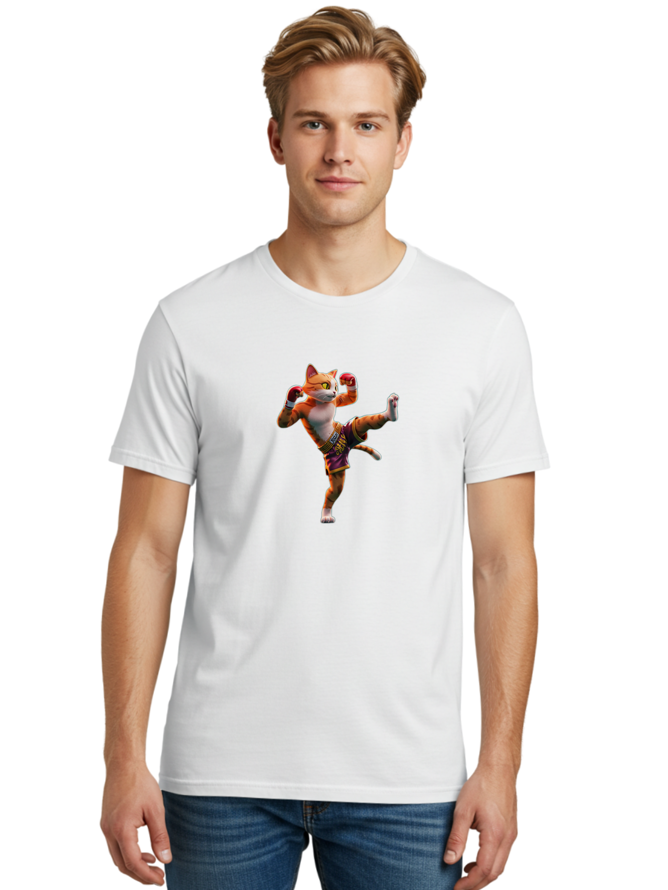 Muay-Thai-Cat-4 Men'S Graphic Tee, 100% Cotton, Comfortable Casual Summer Wear, Machine Washable, Cartoon Cat, Muay Thai Fighter, Martial Arts, Boxing Gloves, Fighting Stance, Dynamic Pose, Orange Tabby Cat, Whimsical Character, Combat Sports, Bae553