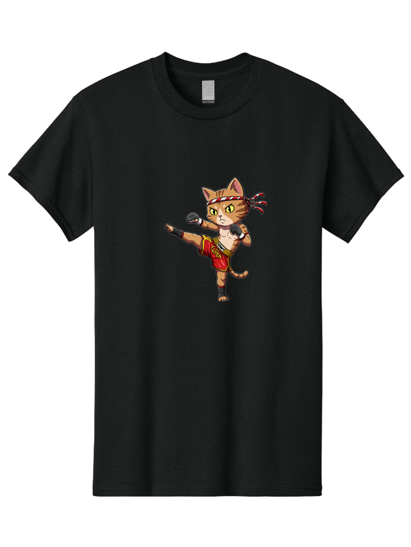 Muay-Thai-Cat-5 Men'S Graphic Tee, 100% Cotton, Comfortable Casual Summer Wear, Machine Washable, Cartoon Cat, Muay Thai Fighter, Martial Arts, Kickboxing, Cat Illustration, Fitness Cat, Muay Thai Kitty, Cartoon Character, Fighting Cat, Bae554