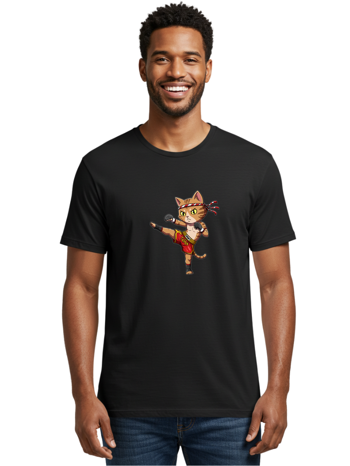 Muay-Thai-Cat-5 Men'S Graphic Tee, 100% Cotton, Comfortable Casual Summer Wear, Machine Washable, Cartoon Cat, Muay Thai Fighter, Martial Arts, Kickboxing, Cat Illustration, Fitness Cat, Muay Thai Kitty, Cartoon Character, Fighting Cat, Bae554