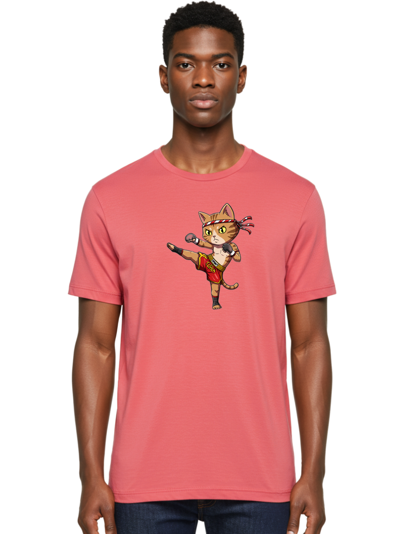 Muay-Thai-Cat-5 Men'S Graphic Tee, 100% Cotton, Comfortable Casual Summer Wear, Machine Washable, Cartoon Cat, Muay Thai Fighter, Martial Arts, Kickboxing, Cat Illustration, Fitness Cat, Muay Thai Kitty, Cartoon Character, Fighting Cat, Bae554