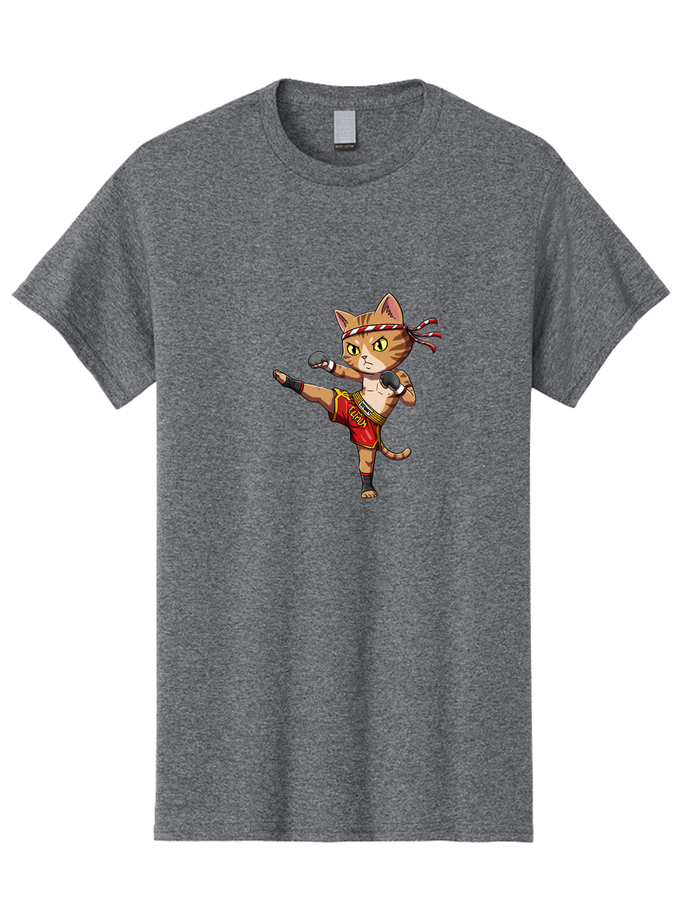 Muay-Thai-Cat-5 Men'S Graphic Tee, 100% Cotton, Comfortable Casual Summer Wear, Machine Washable, Cartoon Cat, Muay Thai Fighter, Martial Arts, Kickboxing, Cat Illustration, Fitness Cat, Muay Thai Kitty, Cartoon Character, Fighting Cat, Bae554