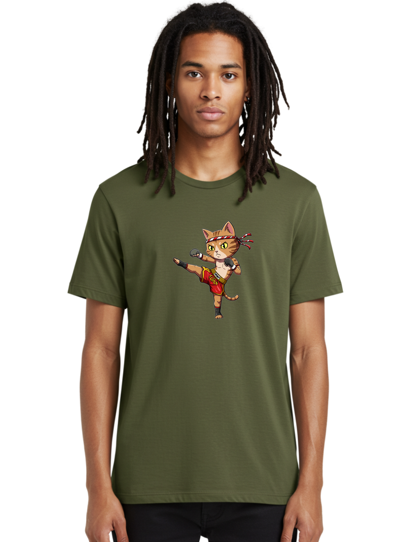 Muay-Thai-Cat-5 Men'S Graphic Tee, 100% Cotton, Comfortable Casual Summer Wear, Machine Washable, Cartoon Cat, Muay Thai Fighter, Martial Arts, Kickboxing, Cat Illustration, Fitness Cat, Muay Thai Kitty, Cartoon Character, Fighting Cat, Bae554