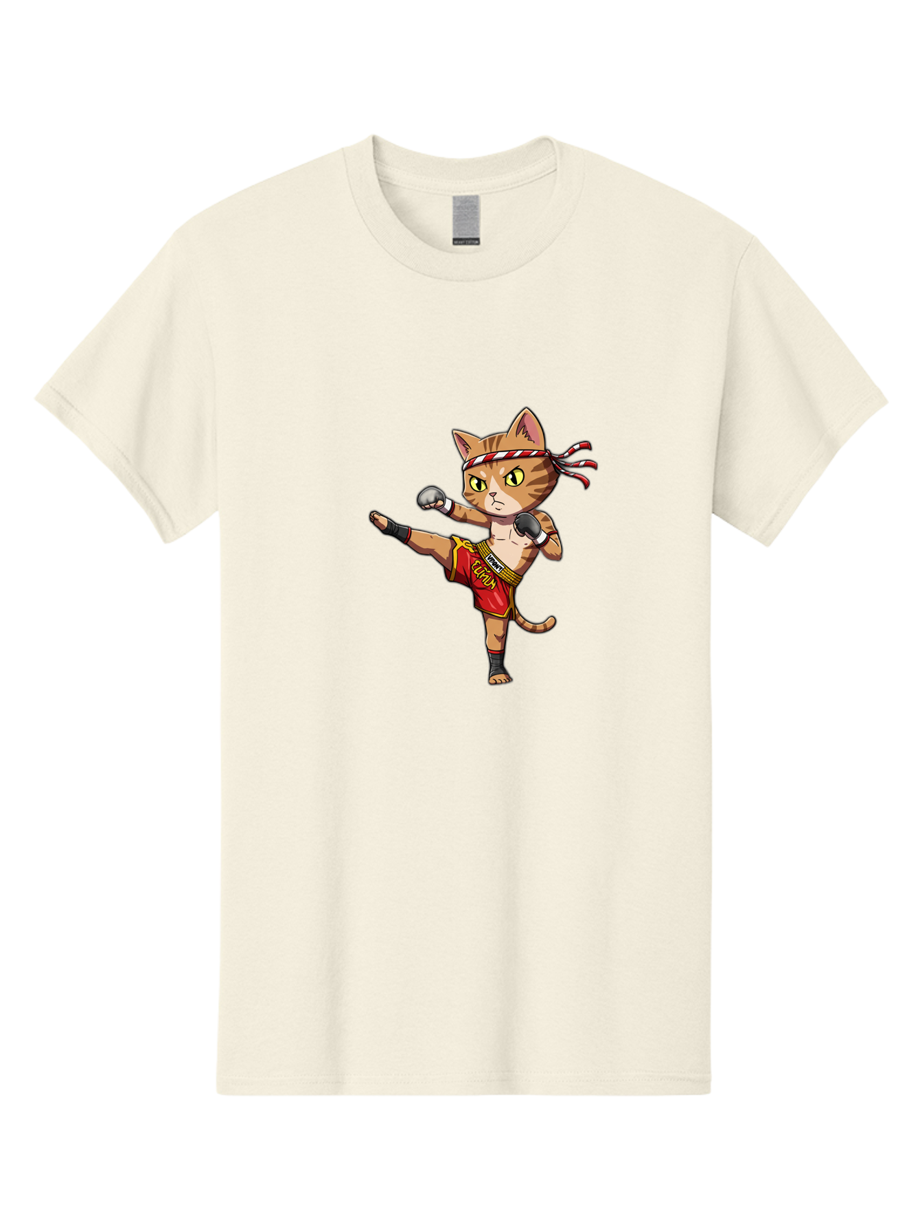 Muay-Thai-Cat-5 Men'S Graphic Tee, 100% Cotton, Comfortable Casual Summer Wear, Machine Washable, Cartoon Cat, Muay Thai Fighter, Martial Arts, Kickboxing, Cat Illustration, Fitness Cat, Muay Thai Kitty, Cartoon Character, Fighting Cat, Bae554