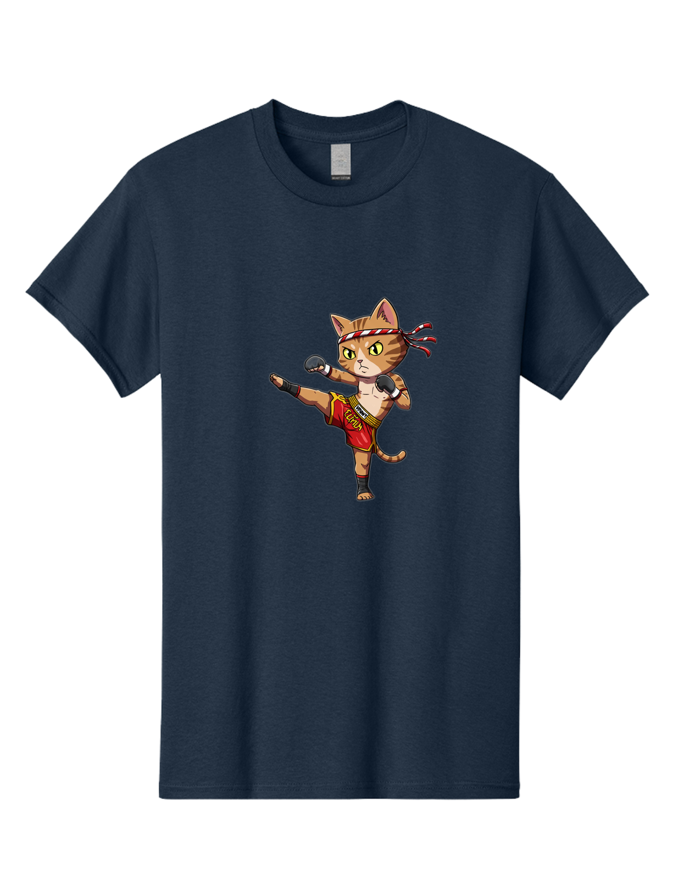 Muay-Thai-Cat-5 Men'S Graphic Tee, 100% Cotton, Comfortable Casual Summer Wear, Machine Washable, Cartoon Cat, Muay Thai Fighter, Martial Arts, Kickboxing, Cat Illustration, Fitness Cat, Muay Thai Kitty, Cartoon Character, Fighting Cat, Bae554