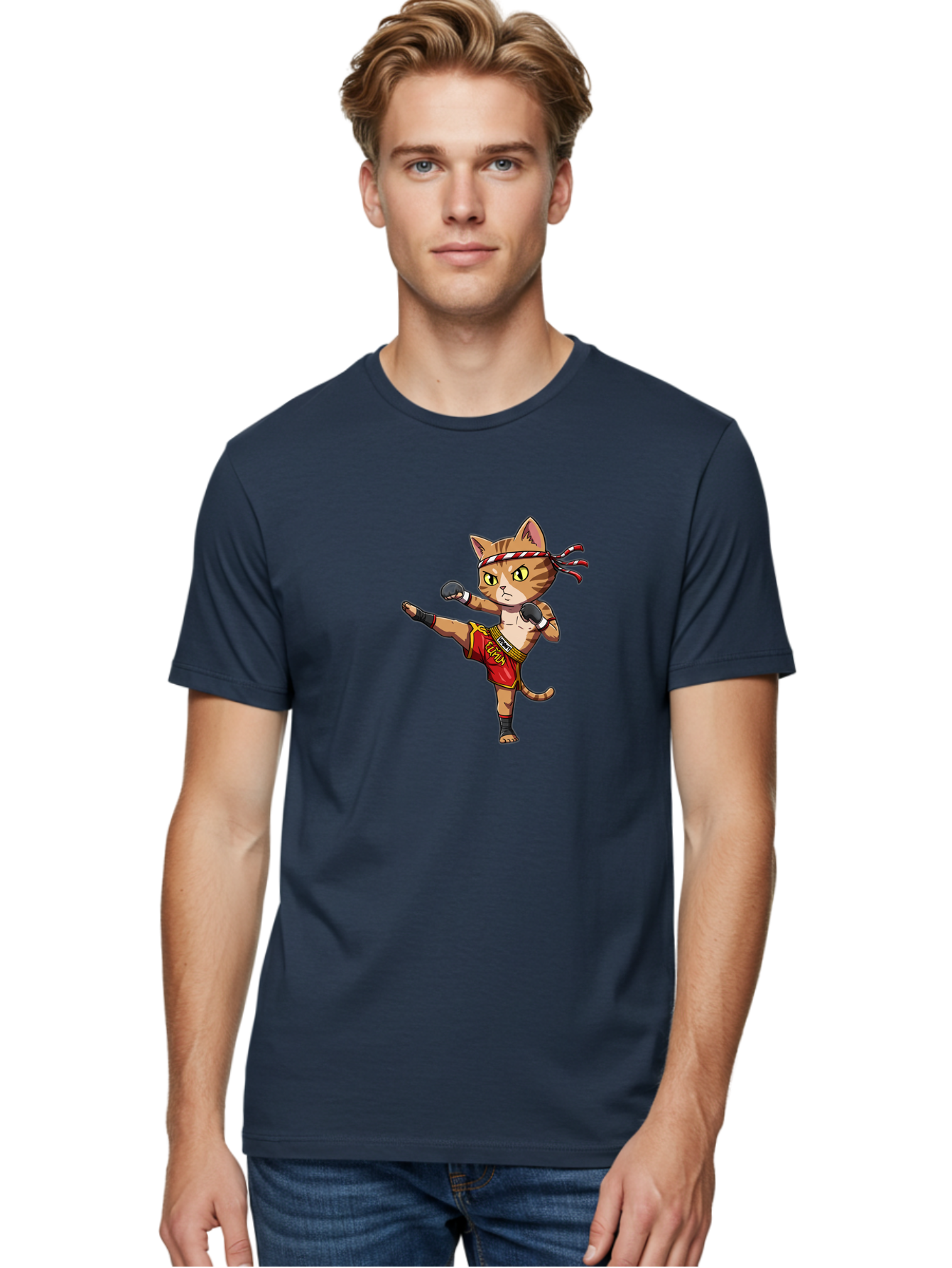 Muay-Thai-Cat-5 Men'S Graphic Tee, 100% Cotton, Comfortable Casual Summer Wear, Machine Washable, Cartoon Cat, Muay Thai Fighter, Martial Arts, Kickboxing, Cat Illustration, Fitness Cat, Muay Thai Kitty, Cartoon Character, Fighting Cat, Bae554
