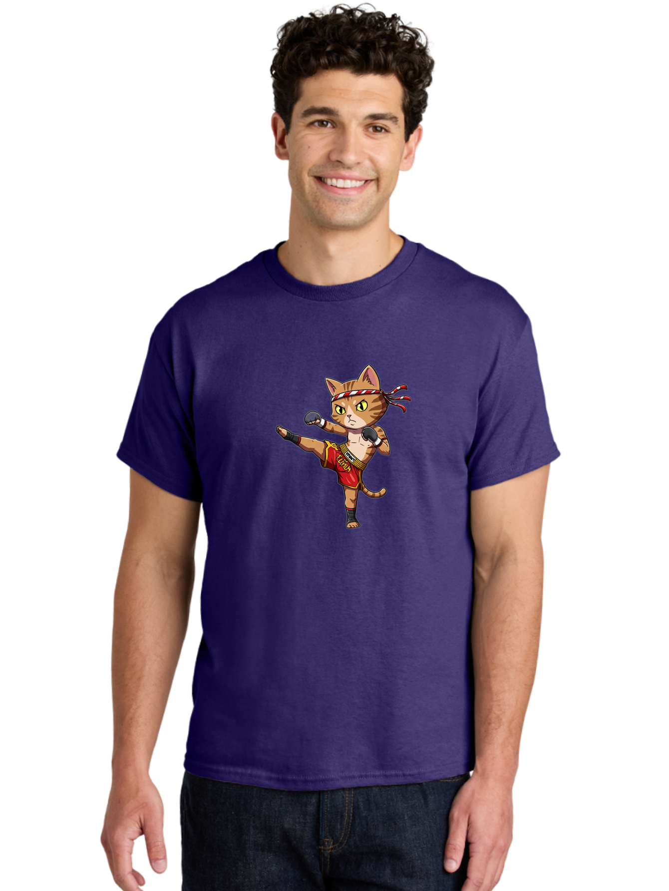 Muay-Thai-Cat-5 Men'S Graphic Tee, 100% Cotton, Comfortable Casual Summer Wear, Machine Washable, Cartoon Cat, Muay Thai Fighter, Martial Arts, Kickboxing, Cat Illustration, Fitness Cat, Muay Thai Kitty, Cartoon Character, Fighting Cat, Bae554