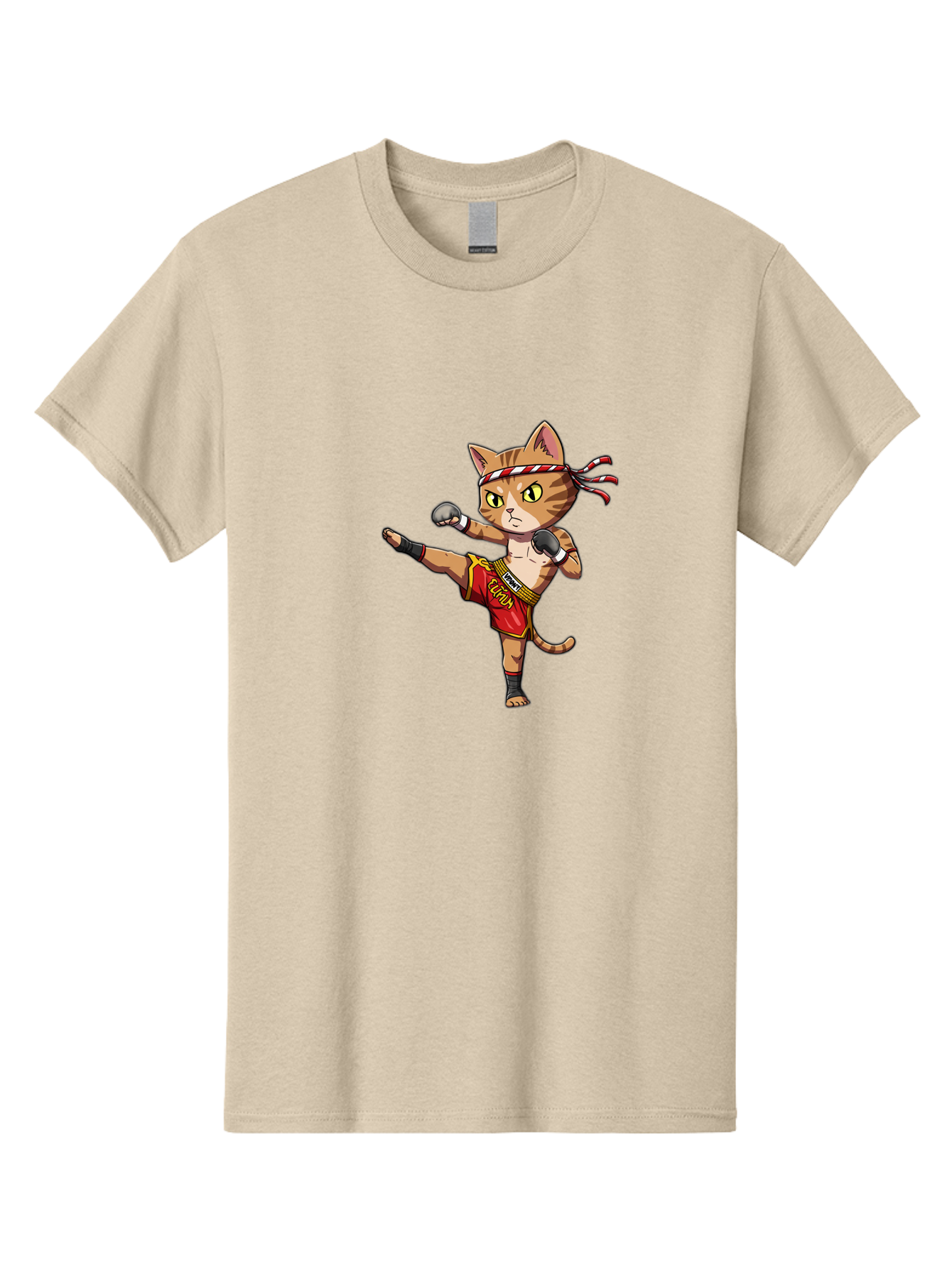 Muay-Thai-Cat-5 Men'S Graphic Tee, 100% Cotton, Comfortable Casual Summer Wear, Machine Washable, Cartoon Cat, Muay Thai Fighter, Martial Arts, Kickboxing, Cat Illustration, Fitness Cat, Muay Thai Kitty, Cartoon Character, Fighting Cat, Bae554