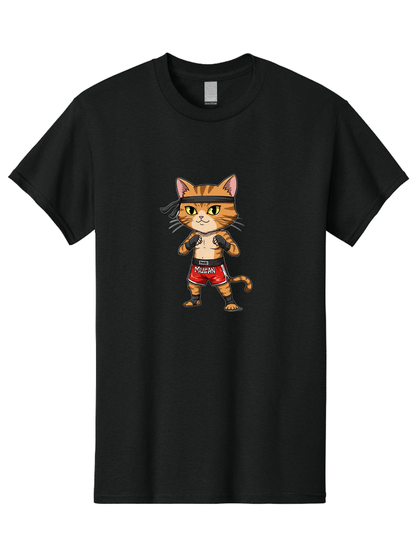 Muay-Thai-Cat-6 Men'S Graphic Tee, 100% Cotton, Comfortable Casual Summer Wear, Machine Washable, Cartoon Cat, Muay Thai Fighter, Red Shorts, Black Headband, Boxing Gloves, Combat Sports, Martial Arts, Cute Animal, Fighting Stance, Bae555
