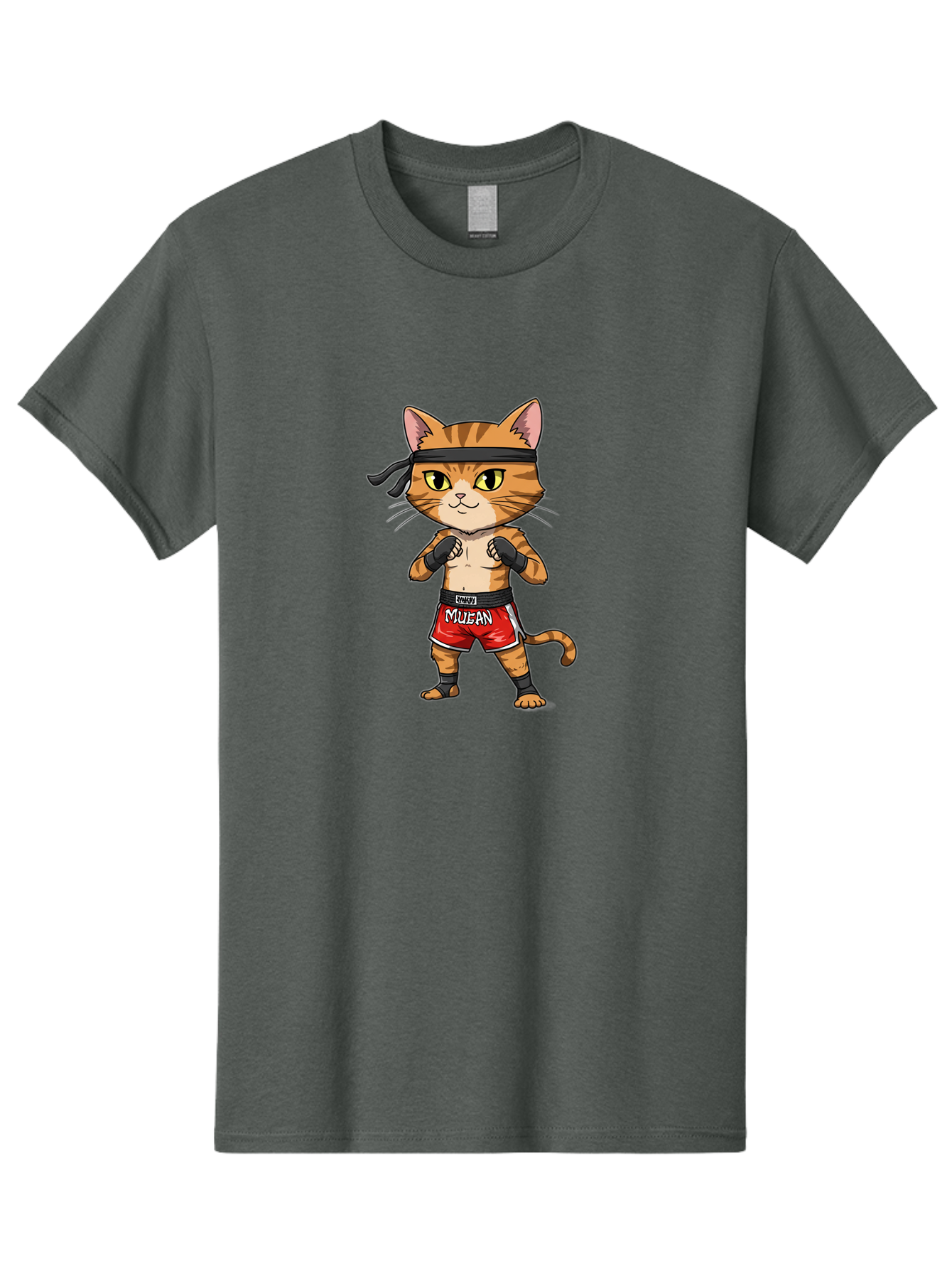 Muay-Thai-Cat-6 Men'S Graphic Tee, 100% Cotton, Comfortable Casual Summer Wear, Machine Washable, Cartoon Cat, Muay Thai Fighter, Red Shorts, Black Headband, Boxing Gloves, Combat Sports, Martial Arts, Cute Animal, Fighting Stance, Bae555